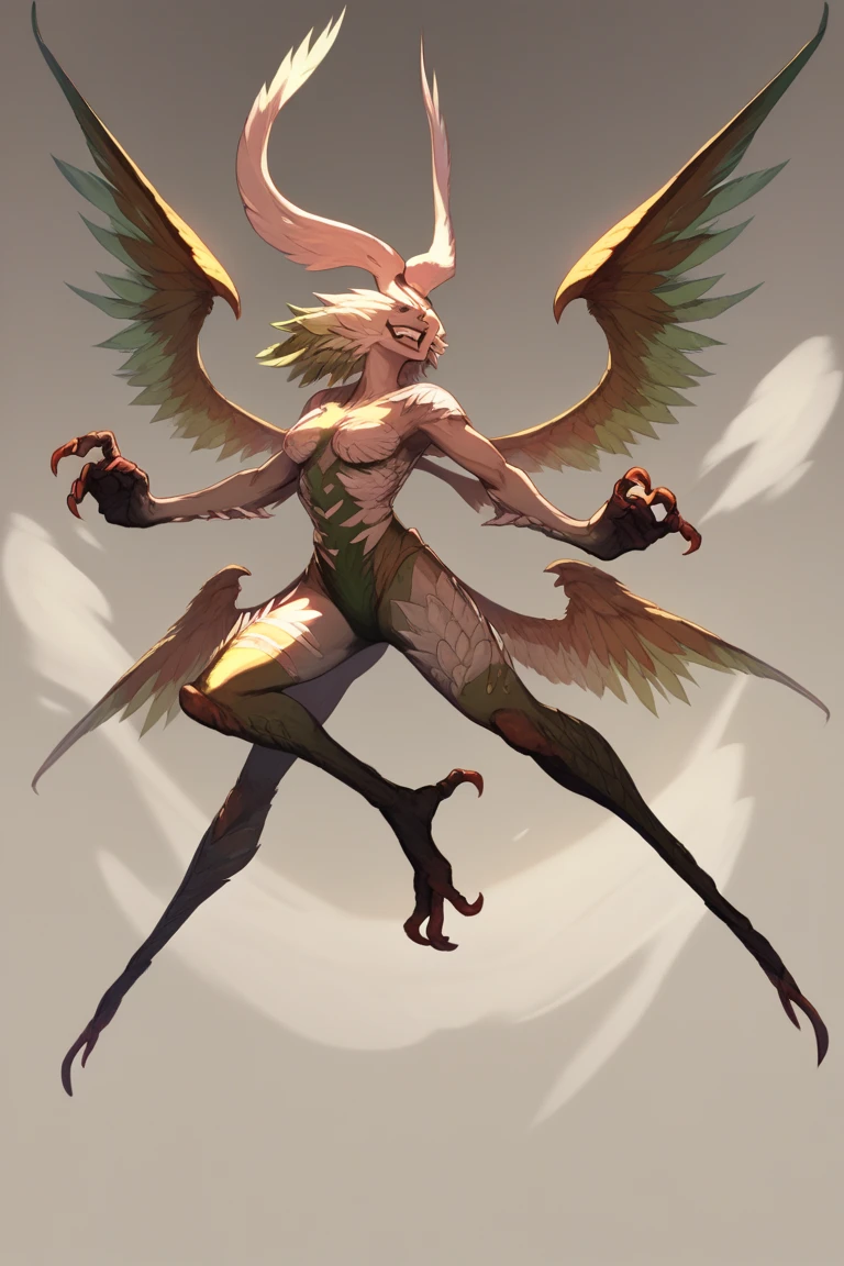 hi_res, score_9, score_8_up, FFXIVGaruda, flying, battle pose, intimidating, full body, manic smile, evil 