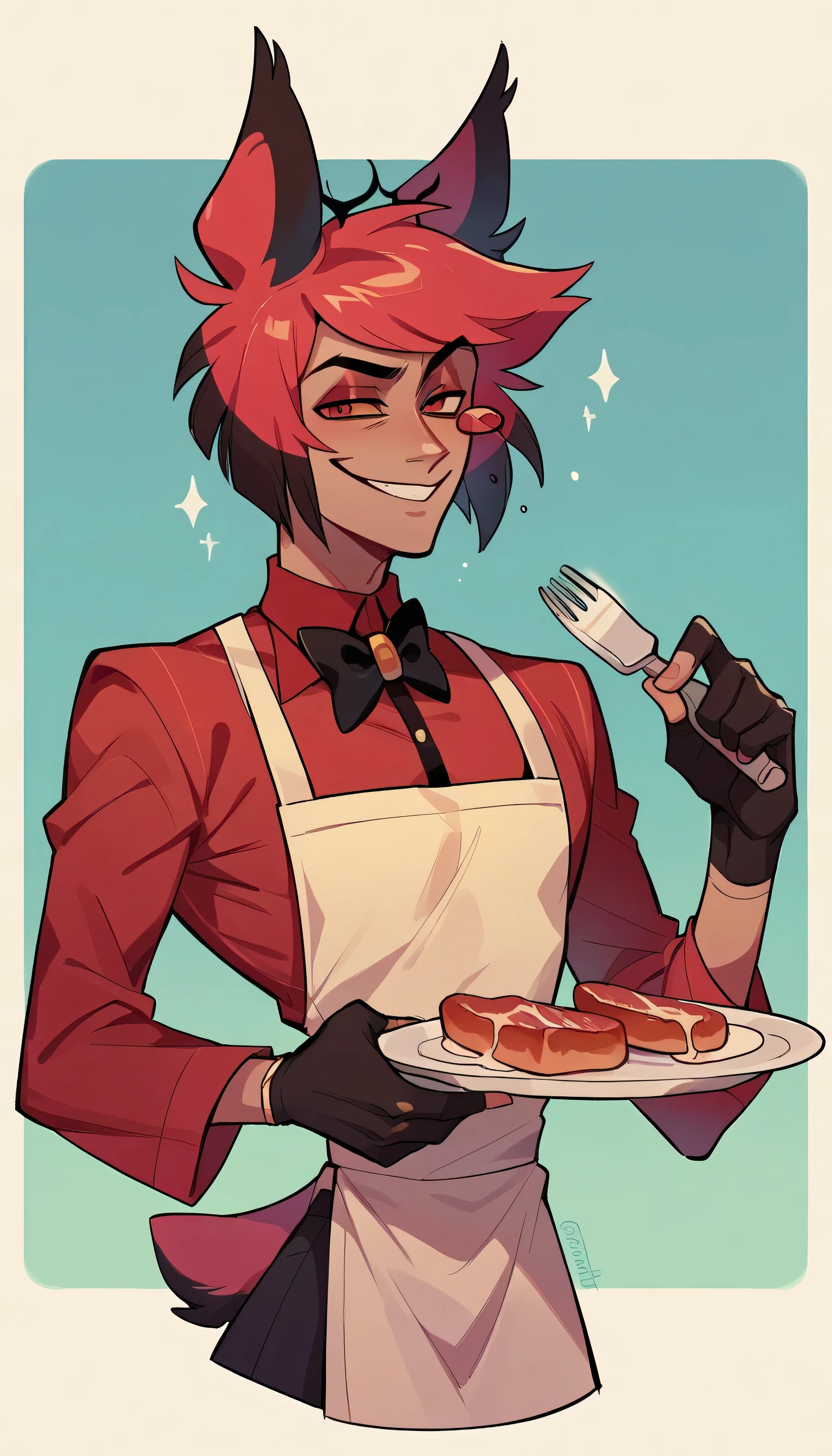 better quality, very detailed illustration , 1 boy, delgado, male body, thin waist , simple drawing, Artifyber style , pastel flat colors , Alastor, animal ears, solo, smirking, wearing apron, holding knife, holding plate with meat on it