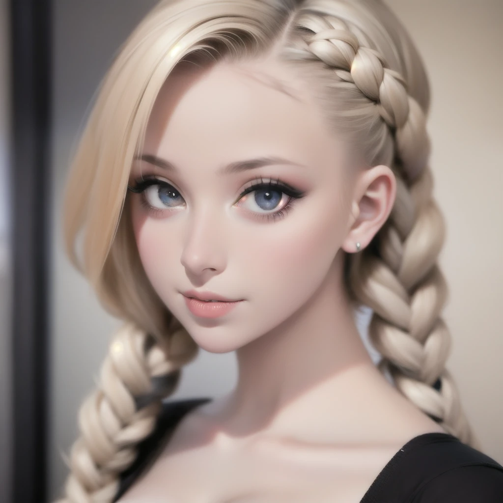 one girl, solo, abs, slender body, (upper body, bust:1.2), (black eyes:1.3), blonde hair, two cute braids, (bare shoulders:1.2), masterpiece, highly detailed, look at viewer, front view, (small breasts, tiny breasts, male chest, exposed breasts, deep cleavage:1.5), (transparent white tank top, choker:1.4), (studio lights, blured background, glowing edges of image, shiny blured background, gradient sprayed background, colorful background:1.3), expressing joy, (nipples:1.1)