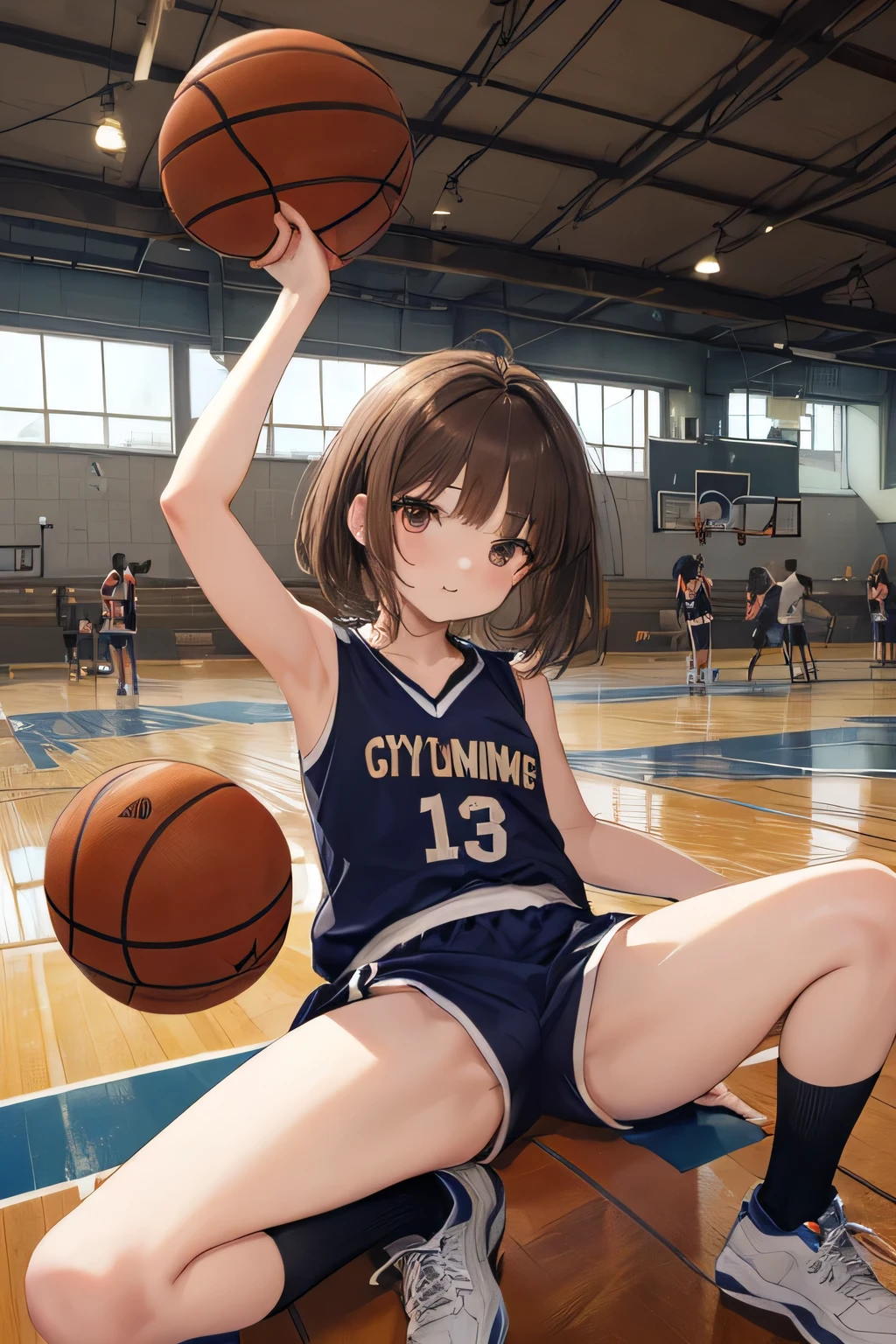 ((((Petite:1.5)))),(short brown hair:1.5),,(Bedhead)
(verysmall :1.5),(basketball uniform:1.5),(:1.5),(gymnasium:1.5),