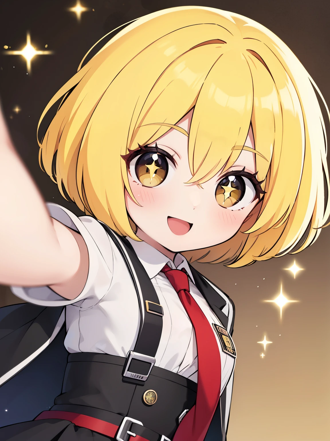 1animegirl, bob cut, bright yellow blonde hair, sparklin hazel eyes, sparkling eyes, plain white shirt, black waist belt, red tie, black slacks, black long coat, smiling, cute, absurdres, high res, ultrasharp, 8K, masterpiece,