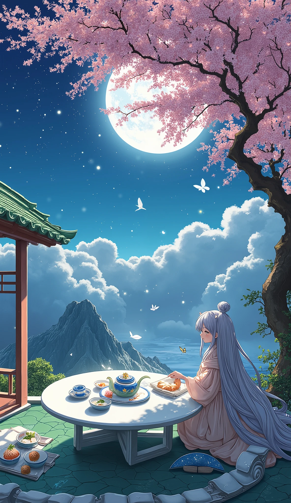 Ultra-clear 8K picture quality, Makoto Shinkai style light and shadow, ukiyo-e composition,
A classical courtyard suspended above the sea of clouds, with green tiles flying
Central: Under a thousand-year-old cherry tree, a round white jade tea table
The eaves, carved columns, the flowing Milky Way are reflected on the bluestone ground,
Tea set: blue and white porcelain teapot floating, there are stars in the cup,
Dim sum: glowing moon-shaped cakes, osmanthus cakes with star crumbs,
Moon Palace Fairy: silver-haired, dressed in translucent gauze clothes, holding a jade rabbit tea pet;
Visitor: A girl transformed into a nine-tailed fox, holding a folding fan, and the fox's ears move slightly
fantasy elements,
- Falling cherry blossoms turn into fluorescent butterflies
- Glowing scrolls float around the tea table
- A silhouette of the Moon Palace looming in the background
light and shadow effects,
- The moonlight shines through the cherry blossoms, creating dappled light and shadows
- The tea set has a soft blue-white glow
- The character is surrounded by a faint shade of stardust
detail portrayal,
- The dew on the petals of the cherry blossoms reflects the moonlight
- The wood grain on the tea table faintly forms a landscape painting
- The fairy's hair flutters in the wind, and each one is clearly visible
Art style
- Color: Mainly silver and white, light blue, dotted with cherry pink and warm yellow
- Composition: Use the golden section to highlight the tea table and the figures
- Atmosphere: Quiet with agility, classical with dreams