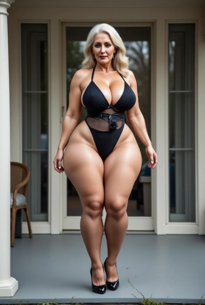  Hyperrealistic image,  definition HD . 85 year old sexy widow,  curvilinear,  voluptuous,  hourglass figure,  wasp waist,   wide hips,  thick legs,  huge fat butt ,  large round busts, Wear sexy lingerie set (((Black Forest,suspender belt negro, stocking negro))), ,  wears shiny black heels, Wavy white hair. she is a MILF.  Posing to show off her best and biggest feature .  She is wearing a sad expression, The background is a backporch in lexington, KY. The window behind her is open, 