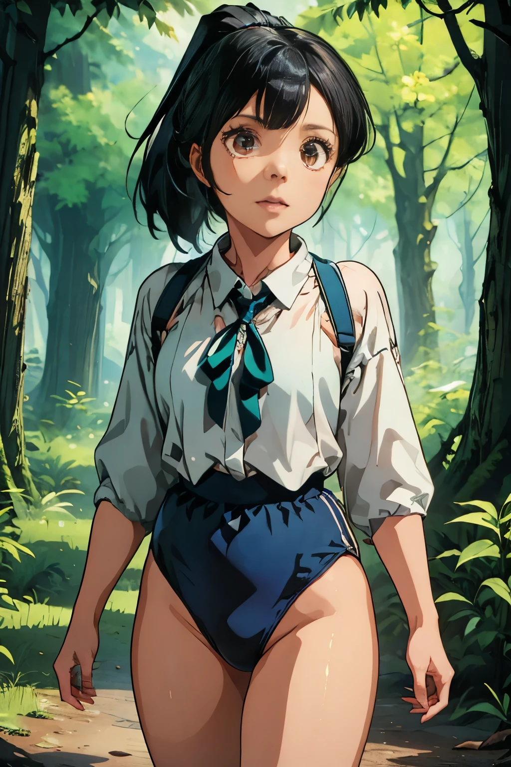 (masterpiece, highest quality), 1 girl, beautiful face, beautiful body,  wearing a Black gymnastics bloomers, High leg、white blouse,    cowboy shot、Are standing、full body portrait、alone, complex details, enlarged textures, complex details, finely detailed eyes and detailed face, intricate details, (closed mouth), perfect eyes, equal eyes, perfect body, extremely detailed, (), extremely realistic 3d,In a dark forest、 black hair ponytail