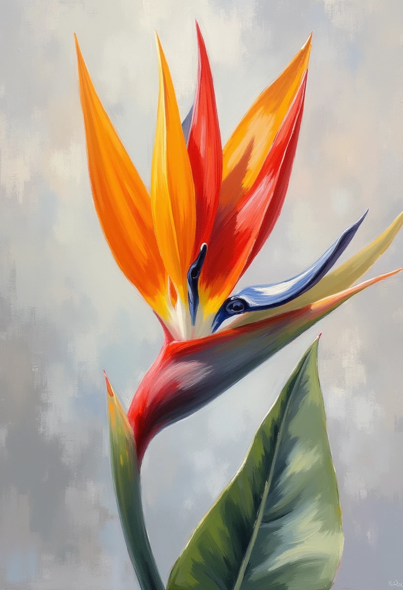 Bird of Paradise (Strelitzia): A tropical flower with striking orange and blue petals resembling a bird in flight, in. a vase on table, still life painting, realistic