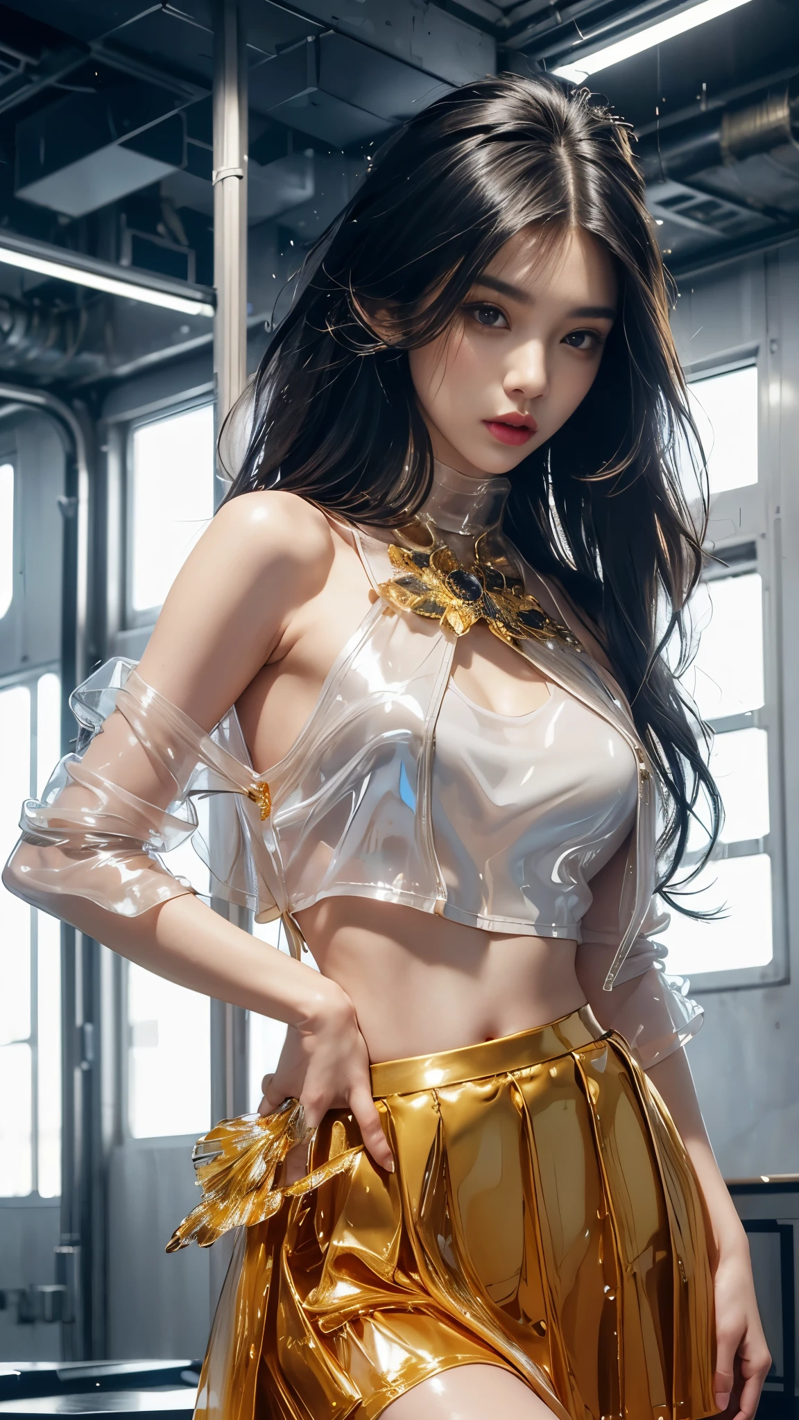 A female model, (Race:Chinese),((night),(Snowy mountain hot spring, moonlight)), (8K Ultra HD, 8K, Ultra-high resolution, best quality, masterpiece, Surrealism, Digital SLR Camera, Soft Light, Bokeh, Masterpieces), ((((Beautiful model-like face))), (Creating the image of a real girl), warm light, Realistic shadows, Dynamic poses, Elegant Posture, Cowboy lens, Full body front view, Be confident, Body facing the camera, Standing facing the camera, Open your legs slightly, Golden Ratio Graphics, Minimalism), (Happy smile, Big watery eyes, Cherry Blossom, Balanced Eyes, Perfect beautiful face, Normal facial features, Realistic skin, Attention to skin details, Sports body, cosmetic, earrings, bracelet, necklace, Jewelry, veil, Hair accessories, Headdress), ((beautiful hair), black hair, Wavy curly hairstyle, Waist-length hair, Messy Hairstyle, Gradient hairstyles, Cyberpunk hairstyle), ((Transparent clothes：1.5), (The color of the clothes: Peach), Transparent Clothes, See-through clothes, Transparent Clothes, Tulle clothes, Mesh clothes, Transparent shirt, 透明的Science Fiction衣服, Three-point swimsuit), (Sexy的, Perfect breast shape, Teardrop chest shape, Snow-white breasts, very detailed breasts, 34E cup), (Super high waist, Deep V, Low-cut, Sexy, Flattering, , (Camel toe, High fork strangulation)), (sock, Knee socks, 吊garter, Leg ring, garter, 腿部garter), (pattern:Science Fiction)