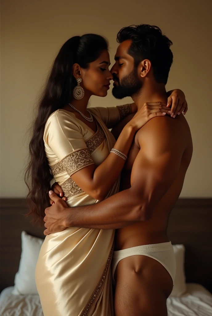 hot curvy white milf with long single plaited hairstyle, big breast, big hip, very big ass, thick thighs, perfect body, woman wearing saree, looking at camera, tall man and short woman, in white room, man with short side fade hairstyle, muscular body, beard, looking at camera, looking at camera, Cowboy Shot,