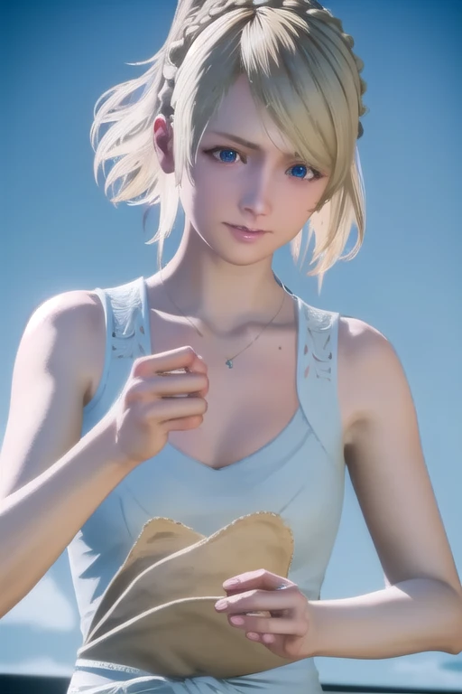 realistic, realism, photorealism, photo-realistic, high contrast, (photorealistic:1.4), 8k high definition detailed realistic, NSFW,(best quality, masterpiece:1.2), photon mapping, radiosity, physically-based rendering, best quality, highly detailed, 1girl,fflunafreya, outdoors,sea, beach, holding spear,