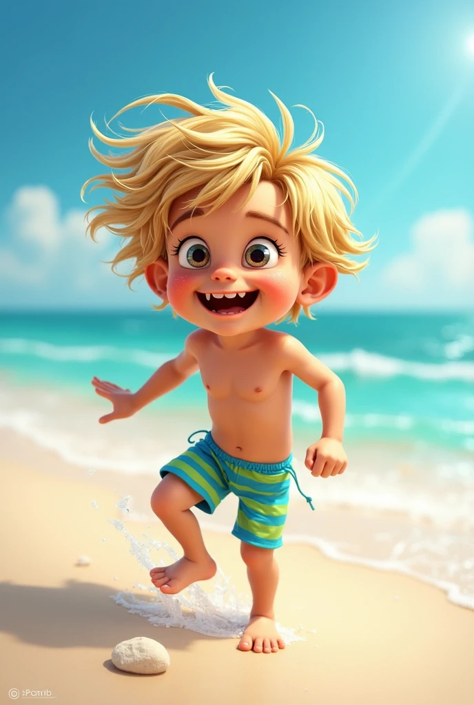 Create a realistic cute boy on the beach