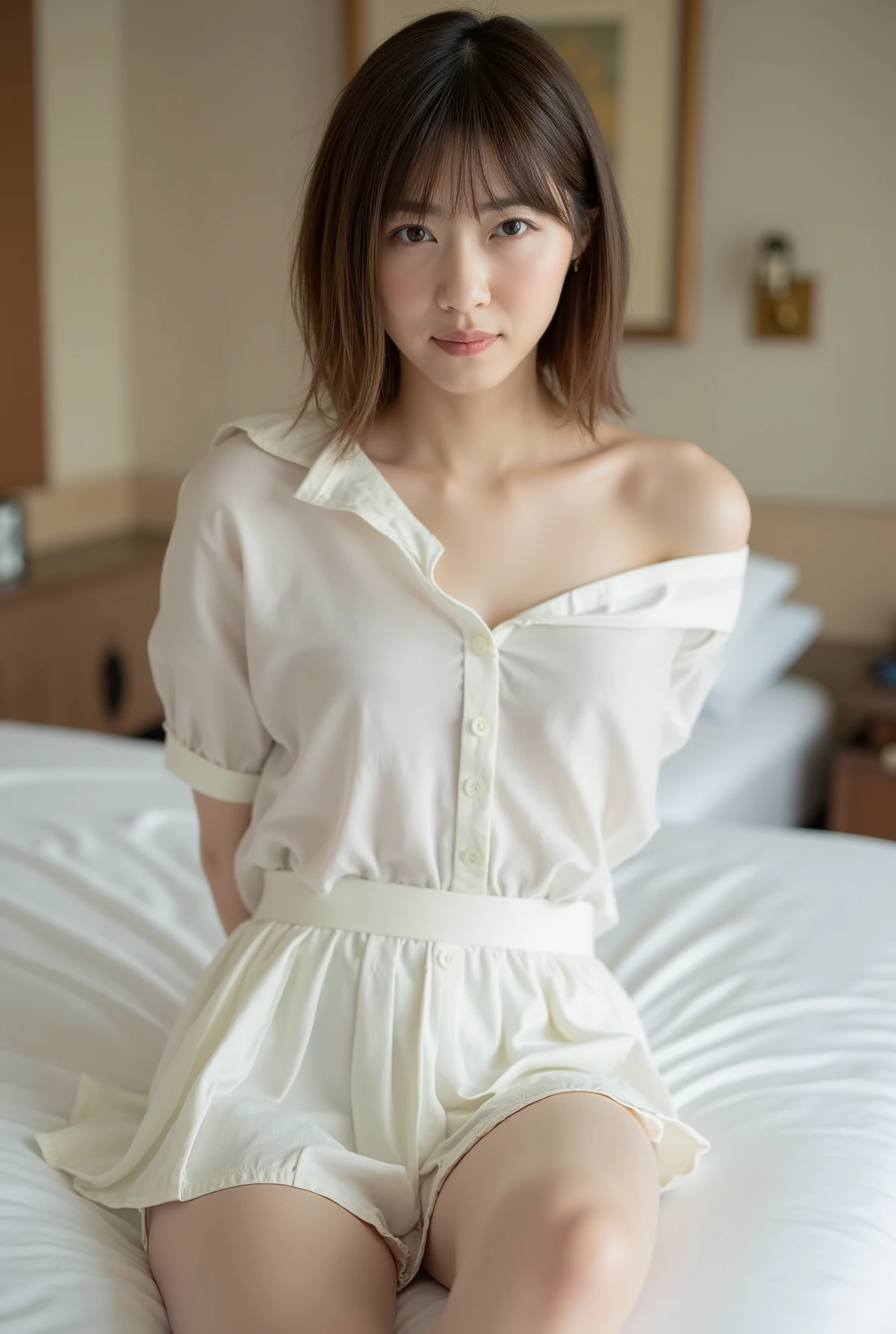 (Masterpiece, Best quality: 1.5), (Ultra realistic, Photo-realistic: 1.4), (nsfw:1.5), (spread legs:1.5), ((broken Wearing white tennis uniform, broken White short-sleeve polo shirt with collar: 1.3)), ((unbuttoned:1.4), (Not button polo shirt: 1.4)), ((broken White pleated tennis skirt: 1.3)), (broken Wearing white sock: 1.2), small breasts, (beautiful nipples:1.2), (Beautiful areolae:1.2), Natural light, 20 years old actor, Japanese woman, Neat and clean, (Ponytail:1.3), (Short wavy hair:1.1), (Beautiful face), Oval face, clear, Beautiful eyes, Kind eyes, (Clear skin, Wet skin:1.1), Small face, Beautiful mouth, Small mouth, Natural makeup, (Seductive pose), (Beautiful thighs: 1.2), Luxury hotel Suite room, on bed, arms behind back,