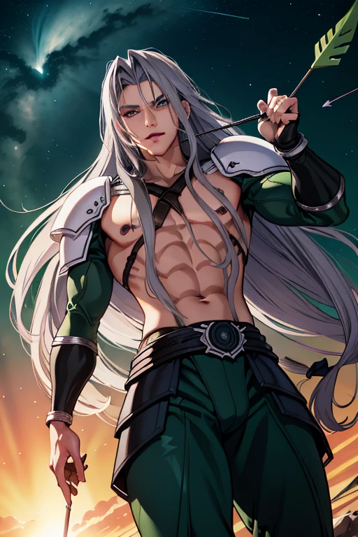 Description of the Man with Imposing Appearance: Diante de mim, A man of magnetic and imposing presence emerges, A figure that commands instant attention. Her gray hair gives a distinct touch of maturity to her appearance, while a carefully modeled goatee accentuates its striking features. This combination of traits reveals a unique blend of wisdom and vigor. Every muscle in your body is meticulously toned and defined, The result of years of tireless dedication to physical training. Os contornos esculturais de seus ombros, Chest and arms reflect his relentless pursuit of athletic excellence. Your posture is a natural extension of your inner strength, Conveying trust and authority. He wears tight knit pants that fit perfectly to the contours of his muscles, displaying his athletic form with pride. The absence of a shirt reveals sun-tanned skin, in which each scar and brand tells a story of challenges overcome and lived experiences. Their green eyes are like shimmering gems, profundos e penetrantes, revealing an emotional intensity that is balanced by an intrinsic serenity. Esses olhos capturam a luz do ambiente, reflecting a color palette that seems to dance in its depth. This man's presence is a combination of strength and subtlety, a symphony of features that captivate and inspire. Its imposing appearance is complemented by an aura of recognition and understanding, inviting others to connect not only with your appearance, but also with the history that his green eyes silently express.