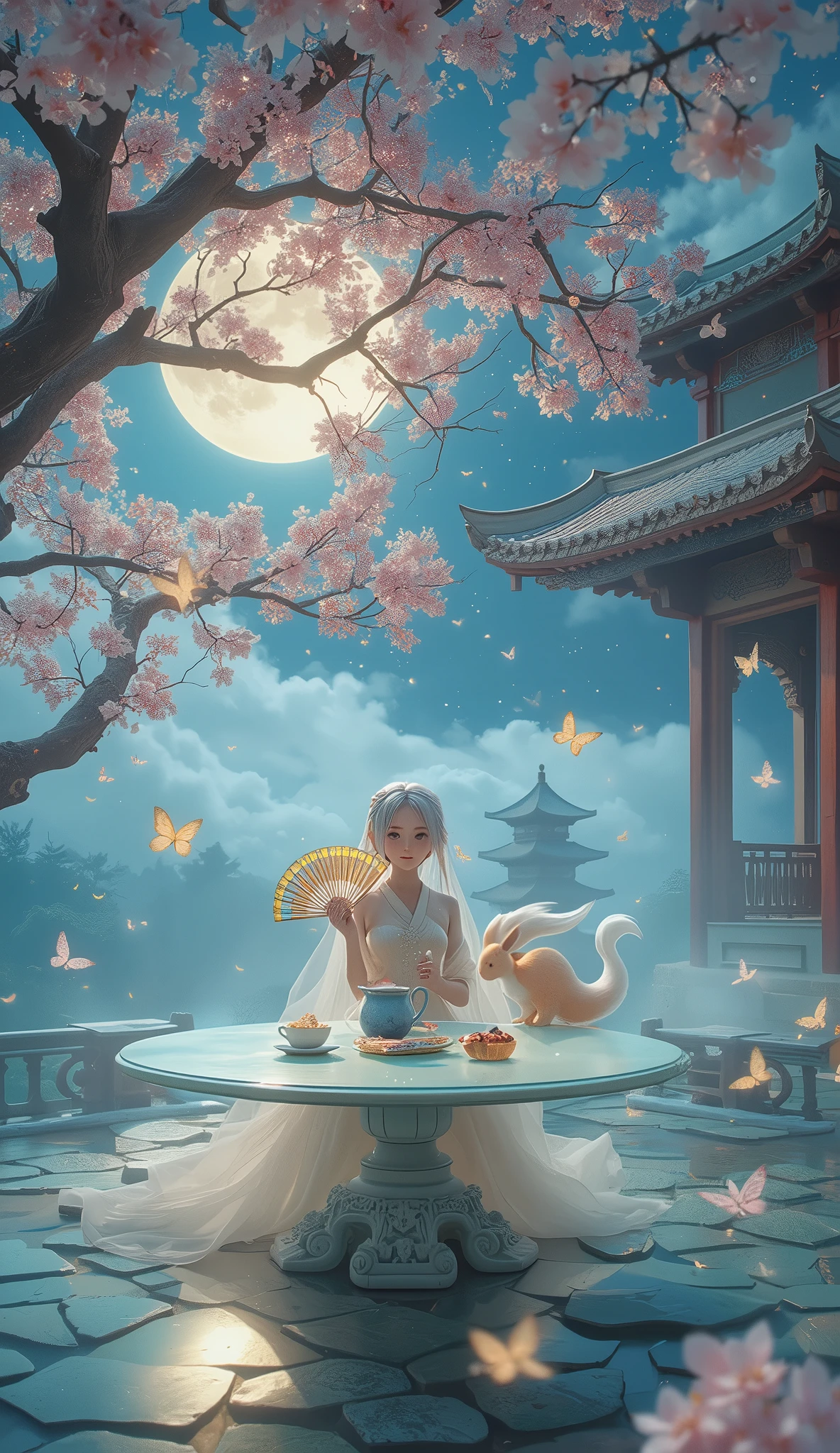 Ultra-clear 8K picture quality, Makoto Shinkai style light and shadow, ukiyo-e composition,
A classical courtyard suspended above the sea of clouds, with green tiles flying
Central: Under a thousand-year-old cherry tree, a round white jade tea table
The eaves, carved columns, the flowing Milky Way are reflected on the bluestone ground,
Tea set: blue and white porcelain teapot floating, there are stars in the cup,
Dim sum: glowing moon-shaped cakes, osmanthus cakes with star crumbs,
Moon Palace Fairy: silver-haired, dressed in translucent gauze clothes, holding a jade rabbit tea pet;
Visitor: A girl transformed into a nine-tailed fox, holding a folding fan, and the fox's ears move slightly
fantasy elements,
- Falling cherry blossoms turn into fluorescent butterflies
- Glowing scrolls float around the tea table
- A silhouette of the Moon Palace looming in the background
light and shadow effects,
- The moonlight shines through the cherry blossoms, creating dappled light and shadows
- The tea set has a soft blue-white glow
- The character is surrounded by a faint shade of stardust
detail portrayal,
- The dew on the petals of the cherry blossoms reflects the moonlight
- The wood grain on the tea table faintly forms a landscape painting
- The fairy's hair flutters in the wind, and each one is clearly visible
Art style
- Color: Mainly silver and white, light blue, dotted with cherry pink and warm yellow
- Composition: Use the golden section to highlight the tea table and the figures
- Atmosphere: Quiet with agility, classical with dreams