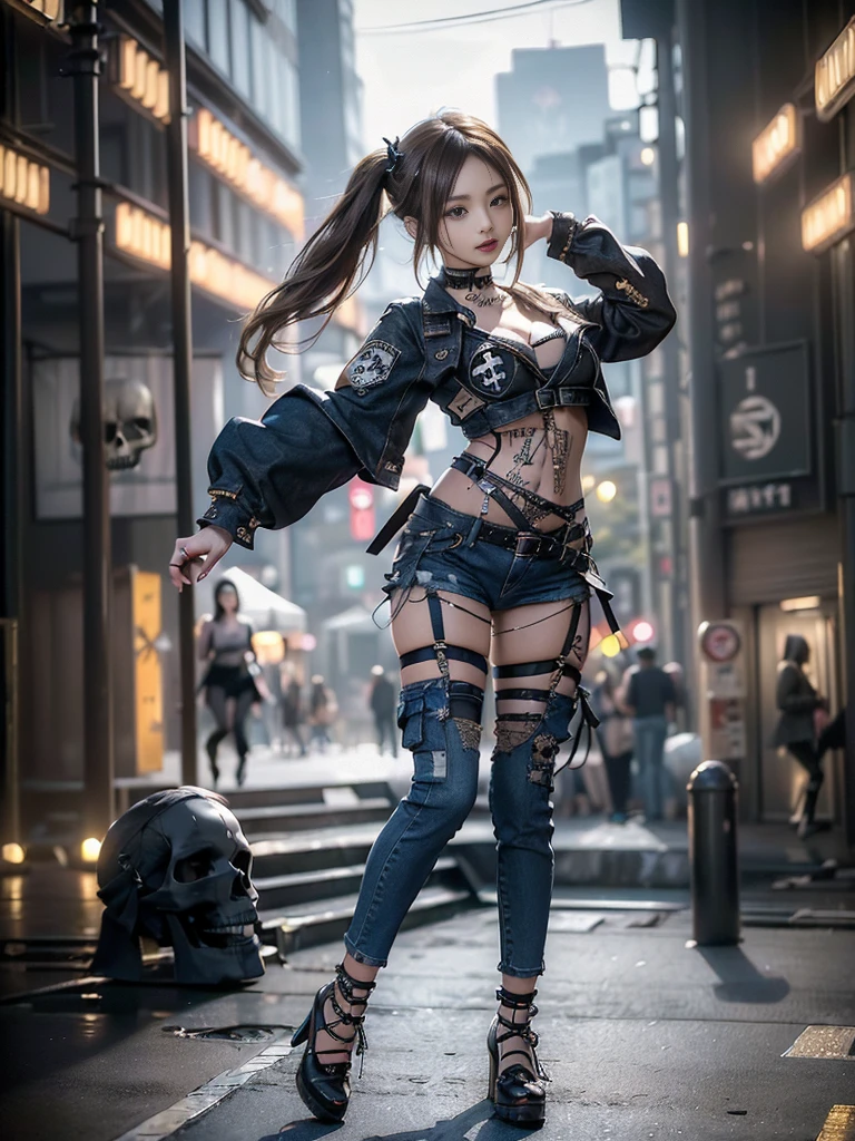 (Full Body View:1.3)、(Beautiful lips and nose:1.4)、(Long eyelashes:1.4)、(Side view:1.1)、(Smiling with teeth showing:1.3),(Shibuya Gal:1.5)、(Gothic Lolita delicately decorated dress:1.5)、(Tattered denim and black punk rock cargo pants:1.5)、(Denim and white skull mark small jacket:1.4)、(denim garter belt:1.5)、(Black and denim knee socks:1.3)、(Skull Silver Accessories:1.5)、(Denim collar:1.3)、(Brown Skin Belt:1.4)、(Brown boots:1.2)、(The underwear is striped:1.4)、31 years old、((Highest quality、In 8K、masterpiece:1.3))、Sharp focus:1.2、(Layered Cut、Huge boobs:1.1),Beautiful woman with perfect figure:1.4、(Dancing vigorously:1.3)、Slender Abs:1.2、Highly detailed face and skin texture、Detailed eyes、double eyelid,(Bob Hair:1.3)、(Dark grey hair:1.3)、Gravure idol、(The background is a gorgeous temple in the sky:1.3)、(Slim body:1.2),(Make your legs thinner:1.4),(clavicle:1.1)