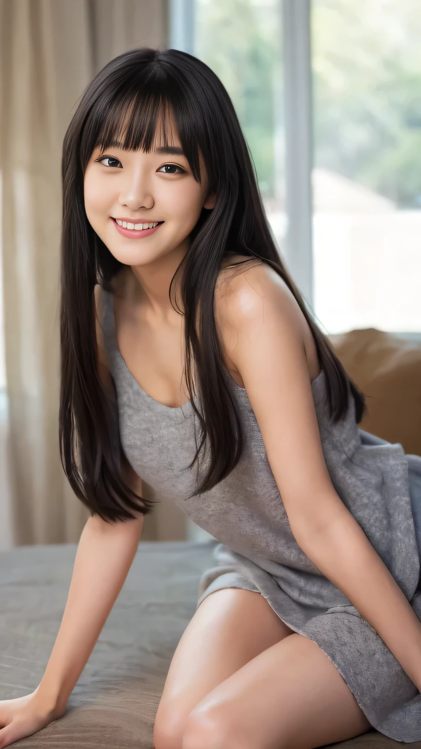 An Unrivaled Masterpiece、 Masterpiece、 Table Top, TOP QUALITY, shape, very detailed, finely, high resolution, 8k wallpaper, perfect dynamic shape , Beautiful Delicate Eyes , beautiful women from to high school 、、 Yellow under 、A perfect smile、bangs、 Dischevel's hair 、baby face、 、 ll body portrait on the front 、 from head to thighs 、
