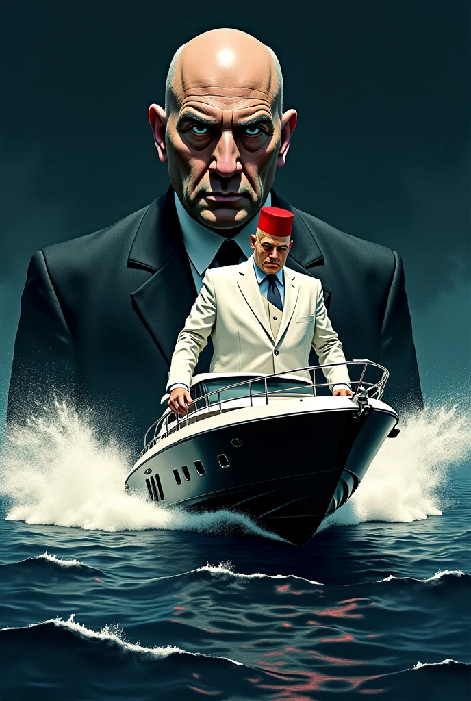 realistic comic book style forensic investigators working on bloody scene on beach, dark environment with luxury speedboat in the background and yellow police banners without the faces of the team men