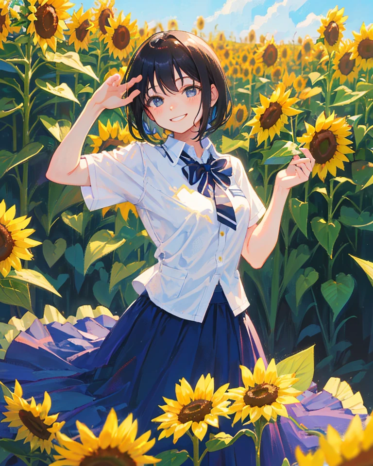 One girl,pretty girl,Midsummer,very hot,sweating,Hold a fan,Wind chimes ring,Looking out the window,Great space,Sunflowers bloom,Lots of sunflowers,