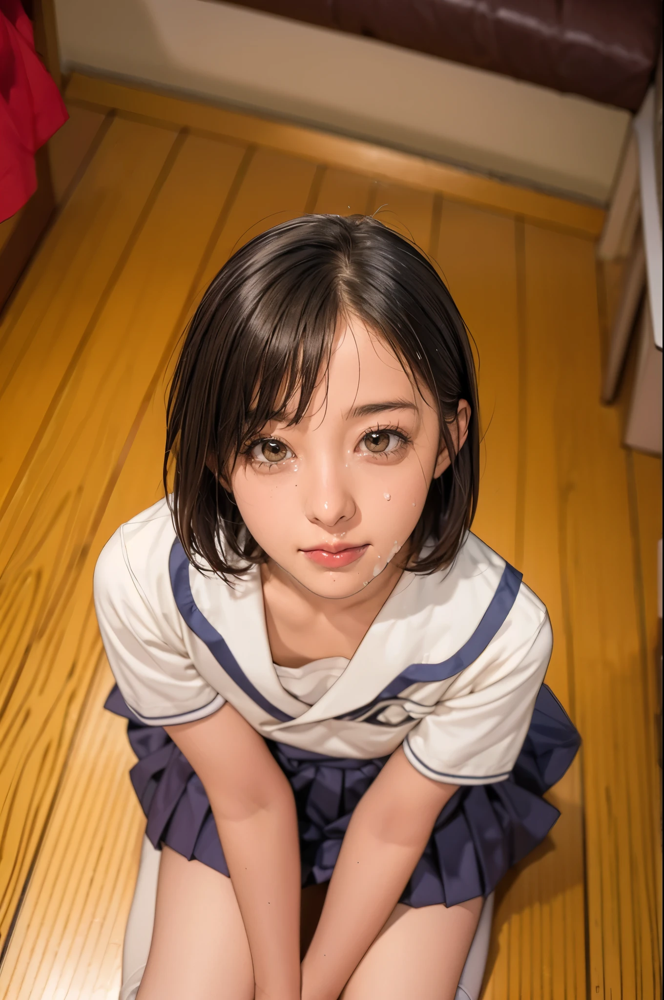girl, Very Short Bob Hair , Japanese high school girl uniform , pleated skirt, droopy eyes :1.5, wonderful, Masterpiece, semen:1.3, Facial:1.3, How, bukkake, From above
