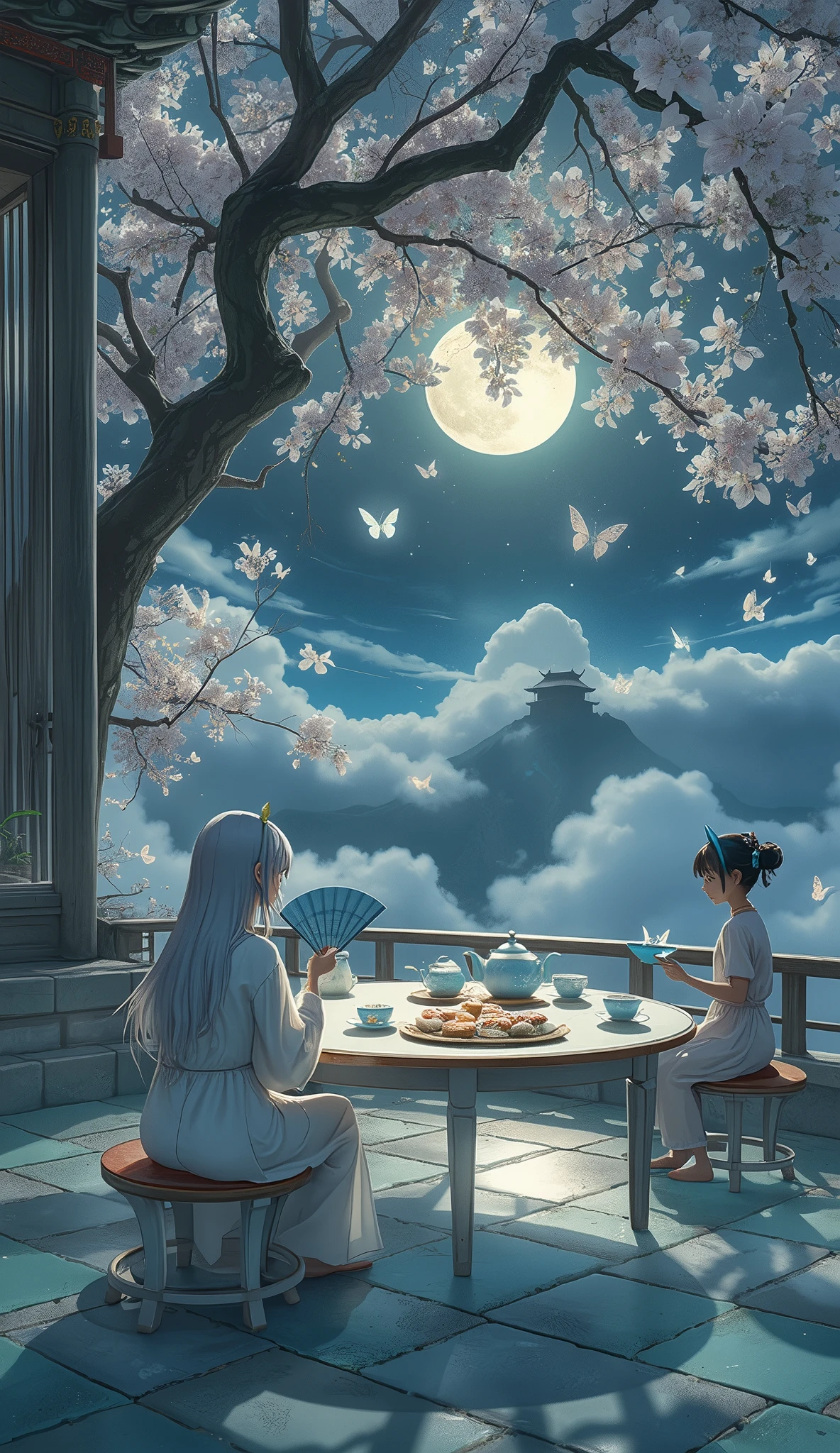 Ultra-clear 8K picture quality, Makoto Shinkai style light and shadow, ukiyo-e composition,
A classical courtyard suspended above the sea of clouds, with green tiles flying
Central: Under a thousand-year-old cherry tree, a round white jade tea table
The eaves, carved columns, the flowing Milky Way are reflected on the bluestone ground,
Tea set: blue and white porcelain teapot floating, there are stars in the cup,
Dim sum: glowing moon-shaped cakes, osmanthus cakes with star crumbs,
Moon Palace Fairy: silver-haired, dressed in translucent gauze clothes, holding a jade rabbit tea pet;
Visitor: A girl transformed into a nine-tailed fox, holding a folding fan, and the fox's ears move slightly
fantasy elements,
- Falling cherry blossoms turn into fluorescent butterflies
- Glowing scrolls float around the tea table
- A silhouette of the Moon Palace looming in the background
light and shadow effects,
- The moonlight shines through the cherry blossoms, creating dappled light and shadows
- The tea set has a soft blue-white glow
- The character is surrounded by a faint shade of stardust
detail portrayal,
- The dew on the petals of the cherry blossoms reflects the moonlight
- The wood grain on the tea table faintly forms a landscape painting
- The fairy's hair flutters in the wind, and each one is clearly visible
Art style
- Color: Mainly silver and white, light blue, dotted with cherry pink and warm yellow
- Composition: Use the golden section to highlight the tea table and the figures
- Atmosphere: Quiet with agility, classical with dreams