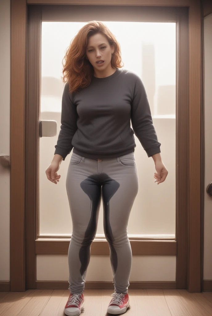 (pp clothes), fashion photo, sad expression, tears, ginger woman, slacks, office