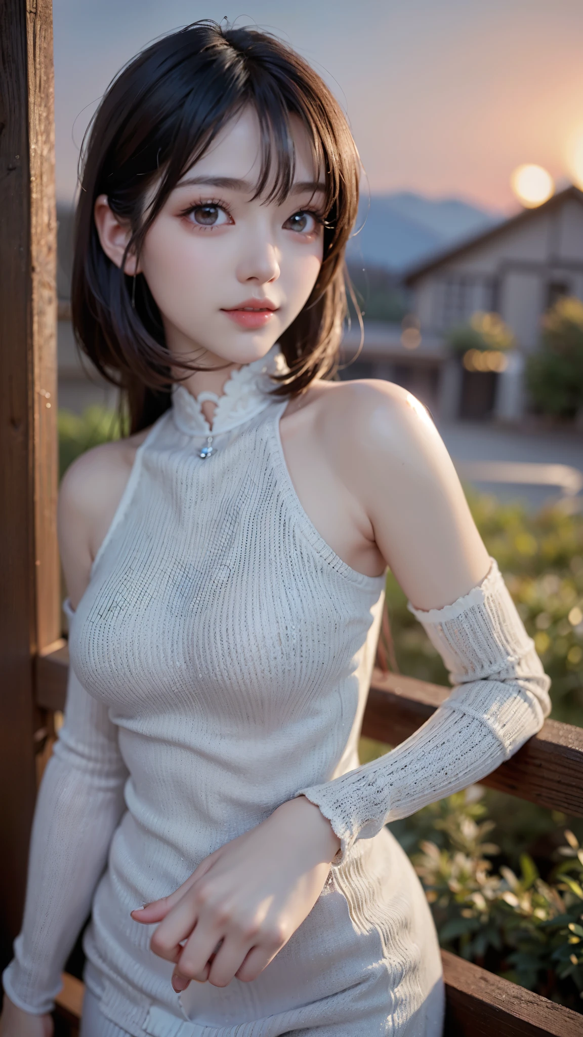 masterpiece、One beautiful girl、Detailed eyes、Swollen eyes、Best Quality, 超High resolution, (Realism: 1.4), Cinematic lighting、Japanese、Asian Beauty、Super Beauty、Beautiful Skin、Slender、Body facing forward、(Hyper-realistic)、(High resolution)、(8k)、(Very detailed)、(Beautiful and detailed eyes)、(Super detailed)、 (wall-)、Detailed face、Bright lighting、Professional Lighting、View your viewers、Look straight ahead、(The costume is a knitted dress)、Short Hair, My hair is messy、Night Scenery、Brown Hair、Japan is an idol、Gravure idol pose、Tall, smile, Sunset park scenery、