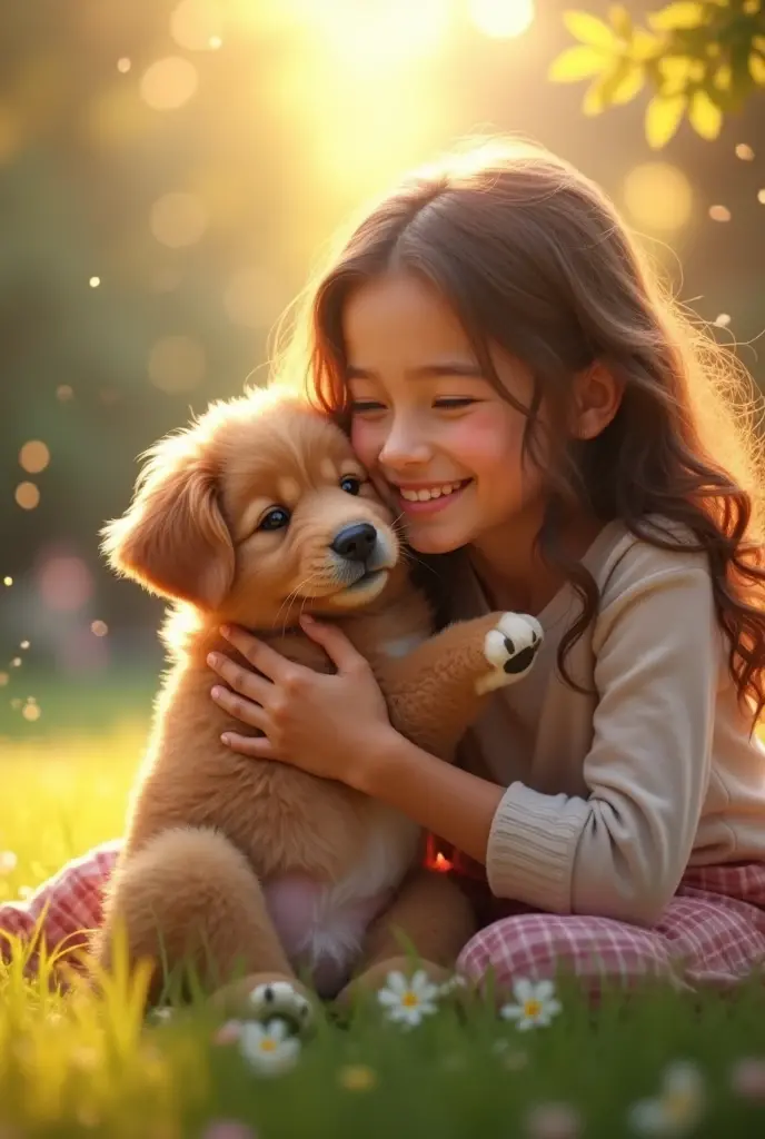 chiquita,o cachorrinho,Fresh and lovely,a warm color palette,Warm scene,smiling girl,Friendly puppy,Natural light,soft shade