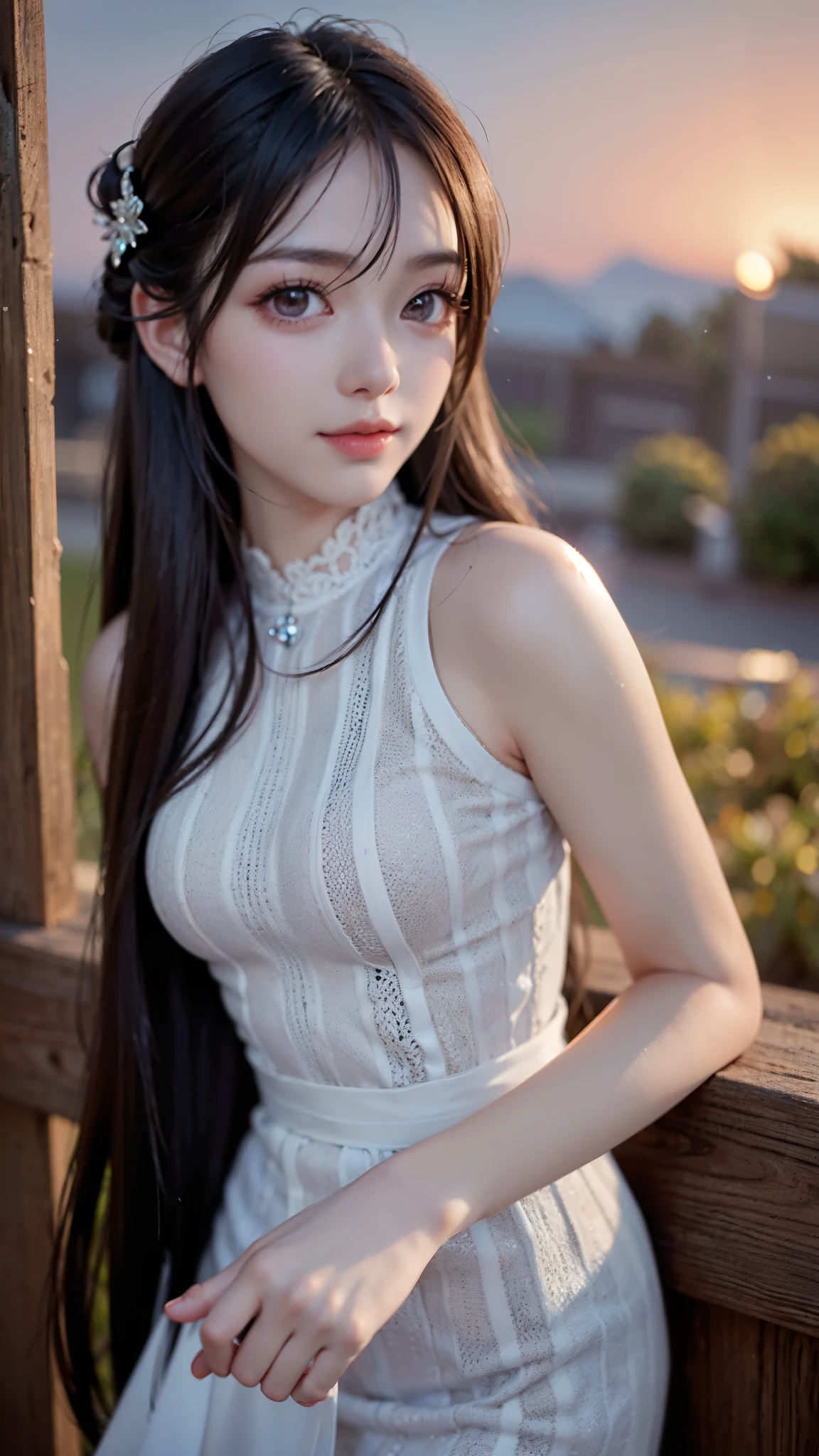 (upper Shot)、(Angle from above)、1girl in、in her 20s、((Medium Hair))、(((Black hair, Orange dip dyed hair)))、((bangss))、(Photoreal Stick:1.2)、in 8K、(High quality shadows)、(A charming expression)、Detail Beautiful delicate face、Detail Beautiful delicate eyes、Cute K-pop Idol、(Korean Urzan Face)、pureerosface_v1、(looking at view)、gloweyes、perfectbody、((strong lights))、(a choker)、((Brown eyes))、((Beautiful Finger))、 Shiny hair、Description beautiful delicate hair、(Lustrous skin)、((Black see-through dress))、(corsets)、(long  skirt)、 (early evening)、Background blur、电影灯光、huge window、Flowers in a vase、Sitting on a large sofa、