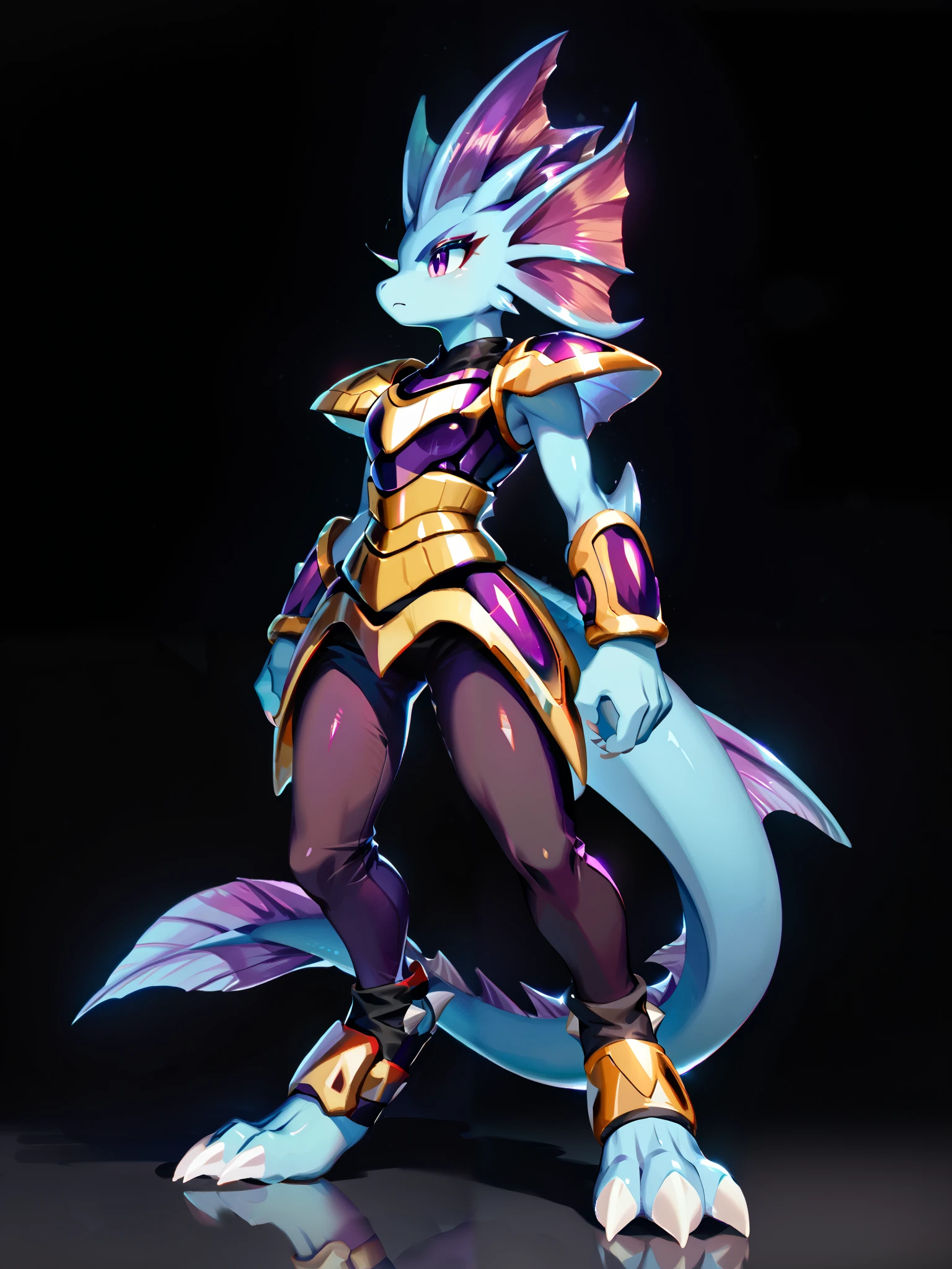 Anime, ((anime style)), athletic build, ((safe for work version:1.5)), solo drawing, solo, ((Solid Black Background)), ((vivid purple eyes)), ((sharp draconic ear spines)), ((sharp head spines)) ((purple fins)), ((tall figure)), ((standing)), ((digitigrade legs)), ((digitigrade feet)), ((highly detailed anime style)), ((black and gold armor)), clean anime style lines, claws, Merga from freedom planet 2, female, blue skin, white claws, short muzzle,  ((leg armor)), ((ankle guards)), ((stern expression)), black leggings under armor, light armor, armored skirt, hands at sides