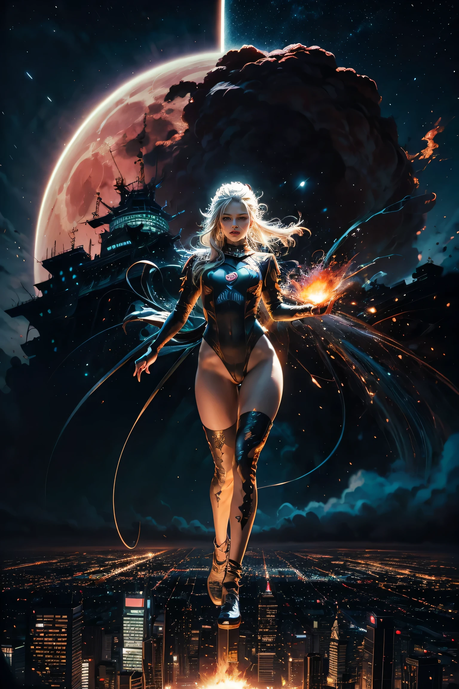 perfect face, perfect body, full body, colorful design , Aurora, mythical, fatal seduction, erotic pose, pore white hair, , big eyes, body covered with tattoo, red lips, erotic, dark light,,naked, glowing light