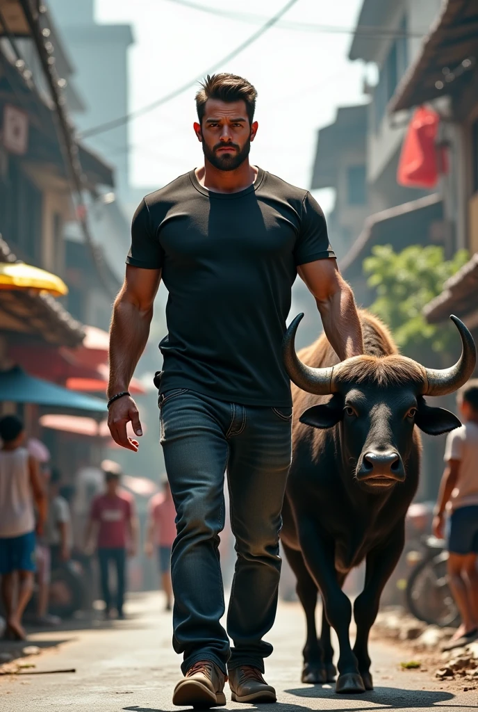 Realistic image of a Thai man with tattoos on his body and legs. Standing looking straight out with a beautiful long-tailed bison at his side. Wear traditional Thai clothing Image clarity is very high. Background with 12 zodiac signs, smoke and stars. High face resolution HD resolution 80k uhd