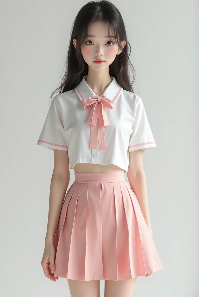 Masterpiece, Realism, ((4K, Masterpiece, Best Quality)), Masterpiece, Photos, Best Quality, Realistic, Ultra High Resolution, (Realism: 1.4), 1girl, Pure Beauty, Natural Light, Double Ponytail, Brown Hair, Smile, White Shirt, Coat, Student Uniform, Pink Bow Tie, (Pink Short Skirt), (((White Stockings))), (((Monochrome Background: 1.3))), (Studio Photography Effect), Canon Camera Shooting, Delicate face, beautiful girl, ((random standing)),