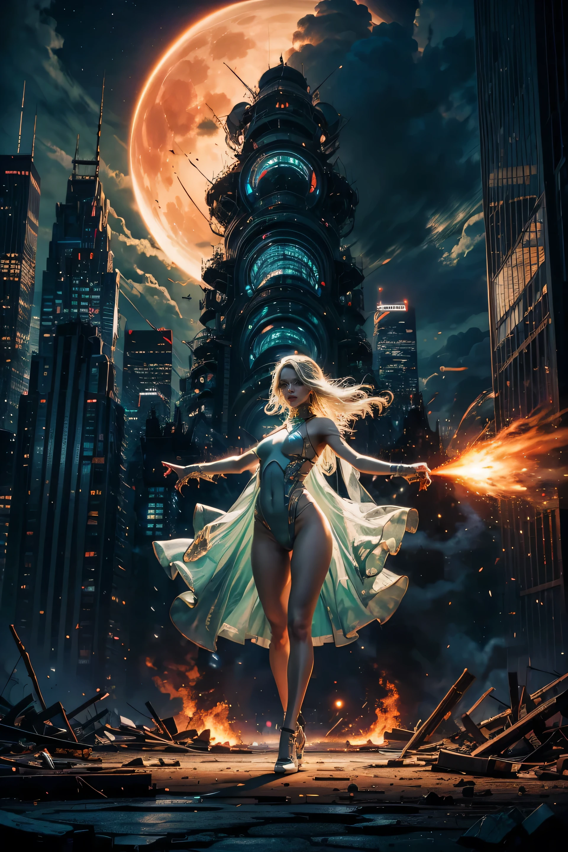 Full body image ((full body view)) 8K, Ultra HD, super details, high quality, high resolution. A female Jester, a joker, dancing on top off a Skyscraper. Long white hair, radiant, perfect white skin. wearing dark green and white, checkered pattern bodysuit, with white details. Background, red moon, city on chaos.fantasy landscape, buildings exploding realistic and cosmic sky, detailed full-color, hd photography,  fantasy by john stephens, galen rowell,  david muench,  james mccarthy, hirō isono,  realistic surrealism,  elements by nasa,  magical,  detailed, gloss, hyperrealism