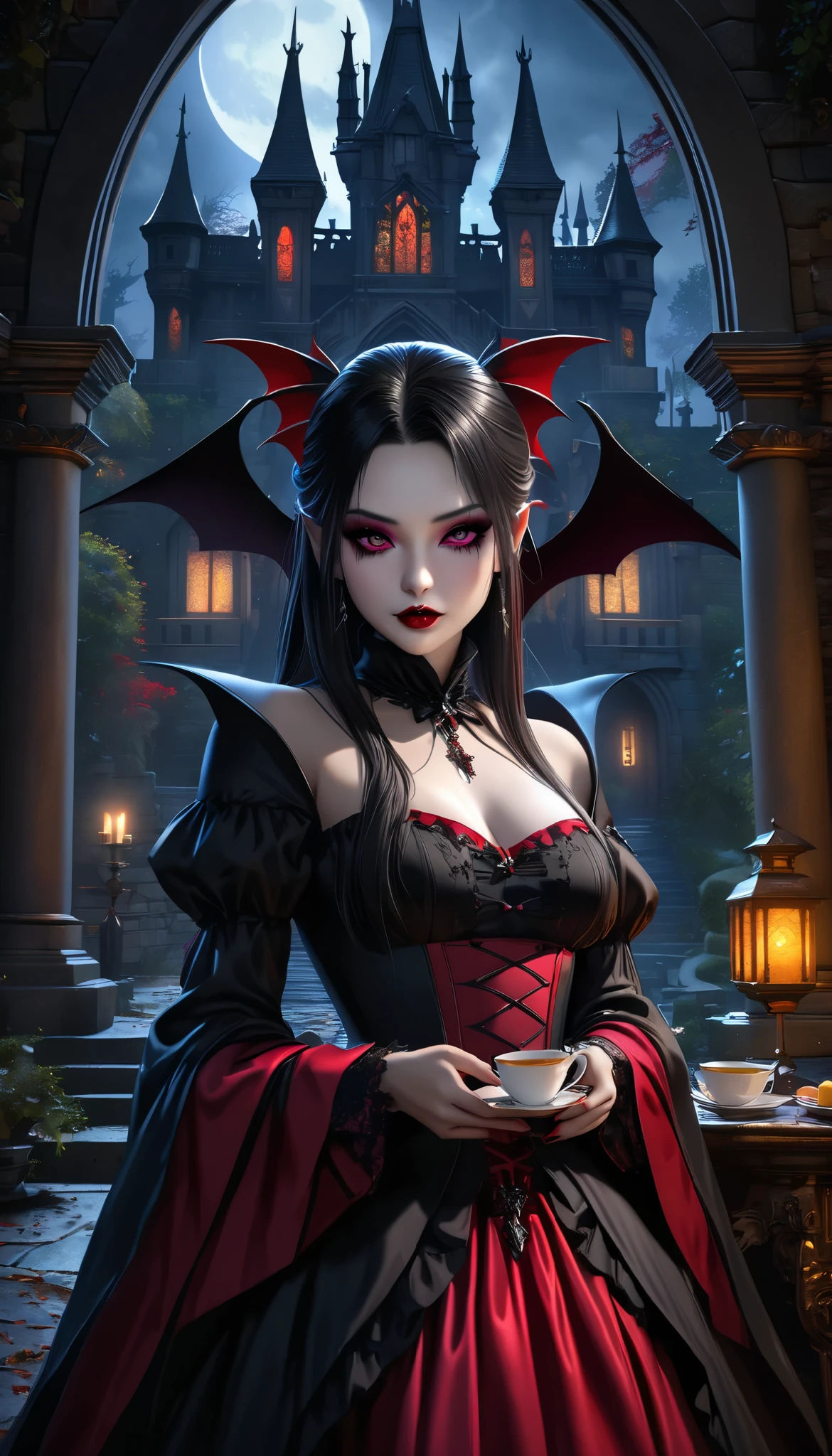 dark gothic castle, vampire count dracula and his female succubus companion enjoying tea, dramatic moonlit setting, colorful vivid gothic style, (best quality,4k,8k,highres,masterpiece:1.2),ultra-detailed,(realistic,photorealistic,photo-realistic:1.37),dramatic moonlit ceremony lighting, hauntingly beautiful, refined lines, deep rich alluring colors, japanese art style, super clear detailed,