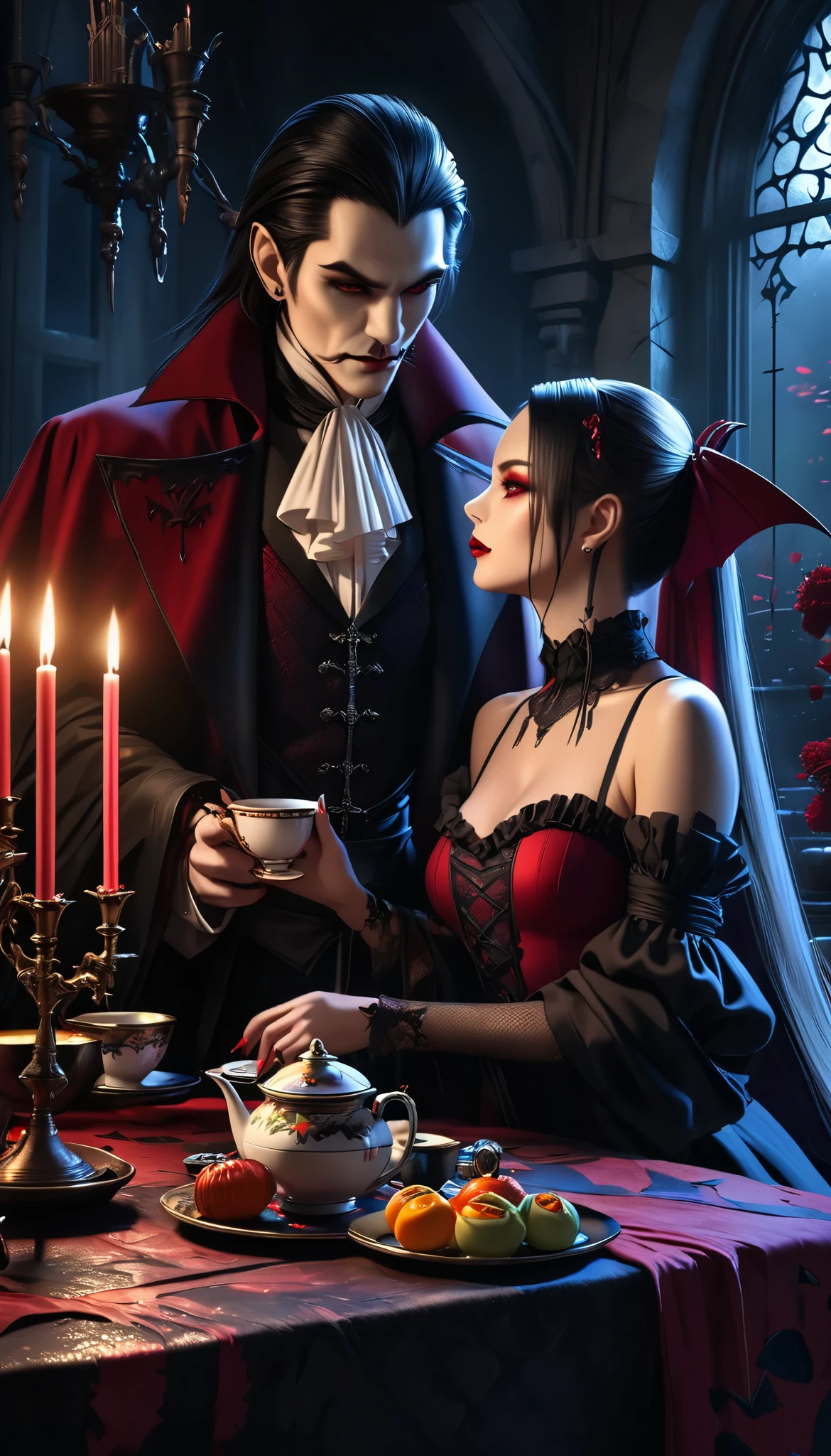 dark gothic castle, vampire count dracula and his female succubus companion enjoying tea, dramatic moonlit setting, colorful vivid gothic style, (best quality,4k,8k,highres,masterpiece:1.2),ultra-detailed,(realistic,photorealistic,photo-realistic:1.37),dramatic moonlit ceremony lighting, hauntingly beautiful, refined lines, deep rich alluring colors, japanese art style, super clear detailed,