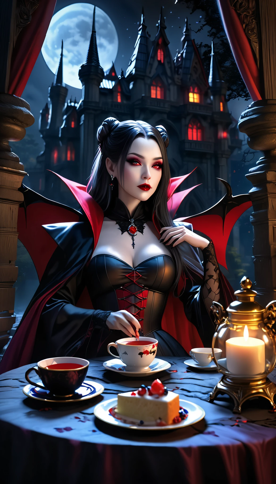 dark gothic castle, vampire count dracula and his female succubus companion enjoying tea, dramatic moonlit setting, colorful vivid gothic style, (best quality,4k,8k,highres,masterpiece:1.2),ultra-detailed,(realistic,photorealistic,photo-realistic:1.37),dramatic moonlit ceremony lighting, hauntingly beautiful, refined lines, deep rich alluring colors, japanese art style, super clear detailed,
