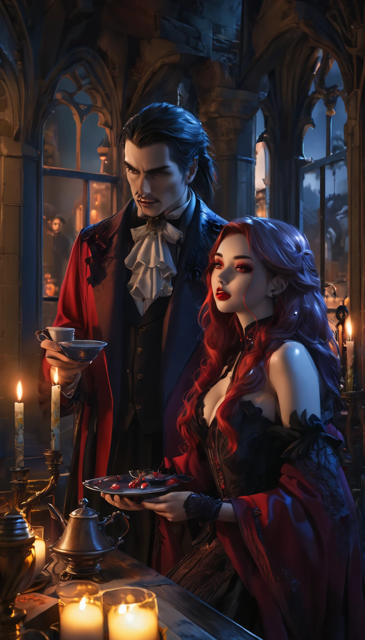 dark gothic castle, vampire count dracula and his female succubus companion enjoying tea, dramatic moonlit setting, colorful vivid gothic style, (best quality,4k,8k,highres,masterpiece:1.2),ultra-detailed,(realistic,photorealistic,photo-realistic:1.37),dramatic moonlit ceremony lighting, hauntingly beautiful, refined lines, deep rich alluring colors, japanese art style, super clear detailed,