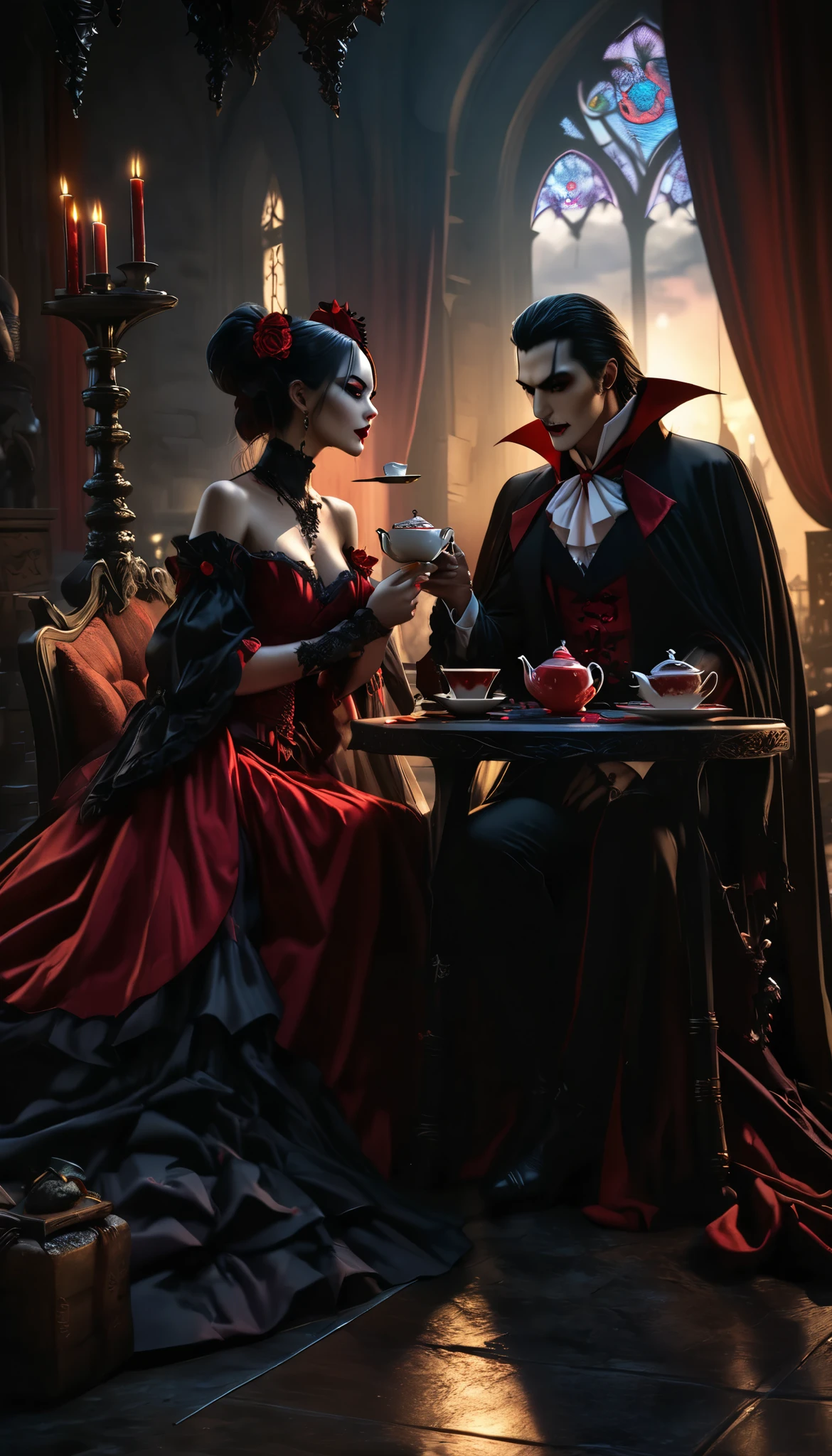 dark gothic castle, vampire count dracula and his female succubus companion enjoying tea, dramatic moonlit setting, colorful vivid gothic style, (best quality,4k,8k,highres,masterpiece:1.2),ultra-detailed,(realistic,photorealistic,photo-realistic:1.37),dramatic moonlit ceremony lighting, hauntingly beautiful, refined lines, deep rich alluring colors, japanese art style, super clear detailed,