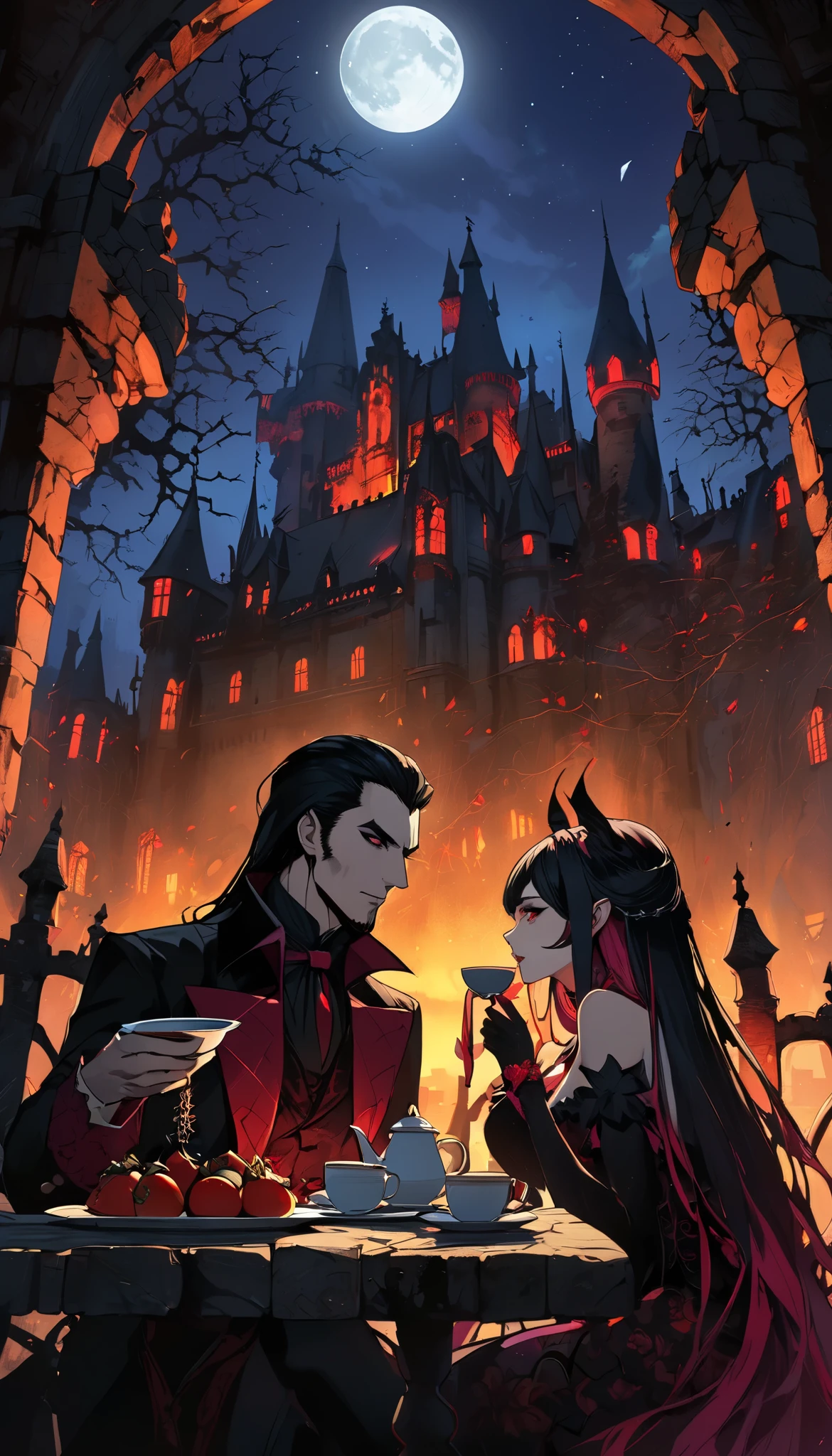 Count Dracula and the succubus woman enjoy tea , Western decayed castle background , Dramatic moonlight , colorful and vivid gothic , BREAK The aesthetic moonlight shows a ceremony-like effect, now、Create unbeatable beauty, Improve quality, lines , make the color deep and attractive , Create firmness and softness in skin, naturally , add intricate detail with clean lines , Boost resolution to the max , BREAK More detail on hair and eyebrows, Resolution that lets you see every single hair ,