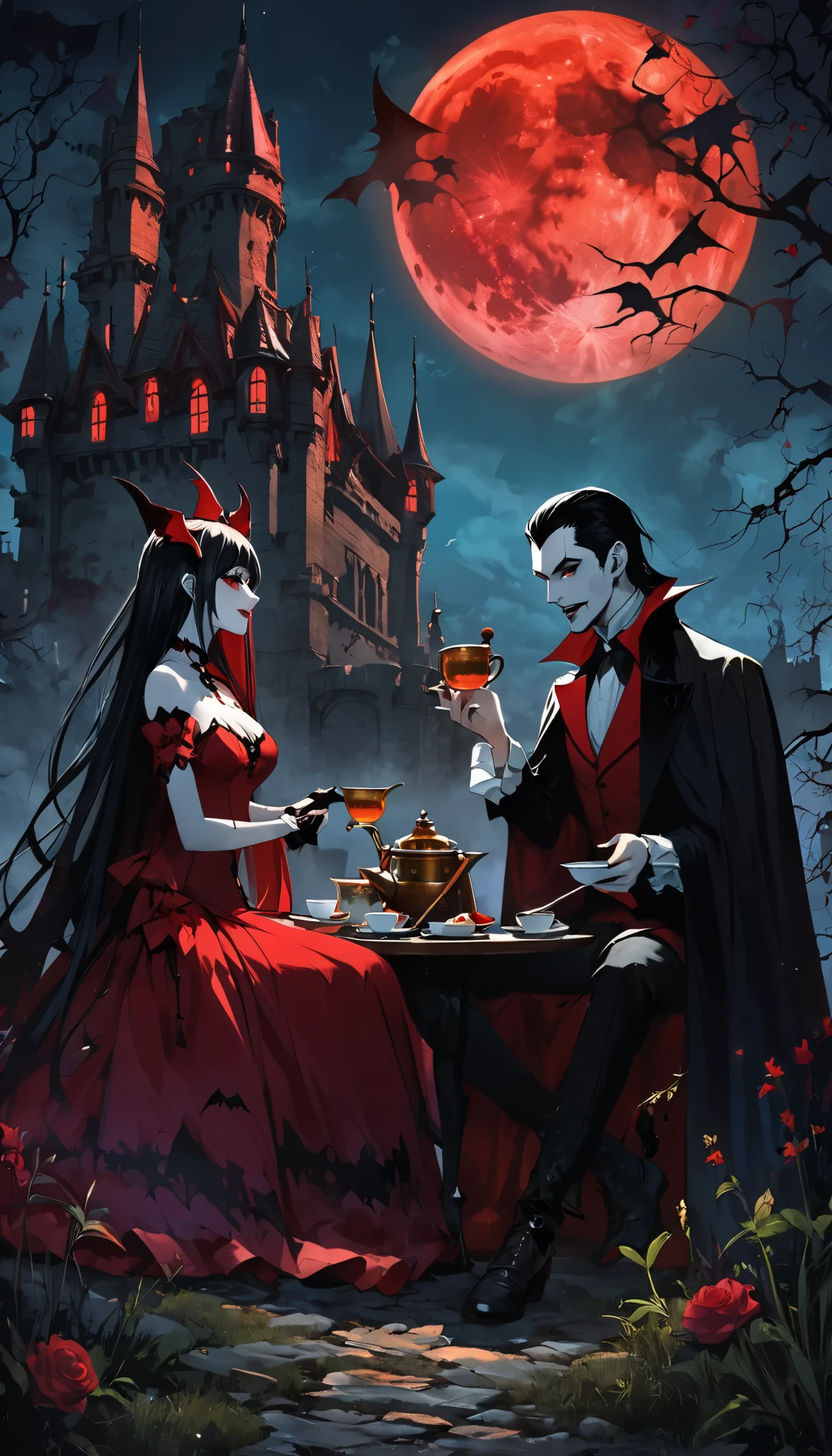 Count Dracula and the succubus woman enjoy tea , Western decayed castle background , Dramatic moonlight , colorful and vivid gothic , BREAK The aesthetic moonlight shows a ceremony-like effect