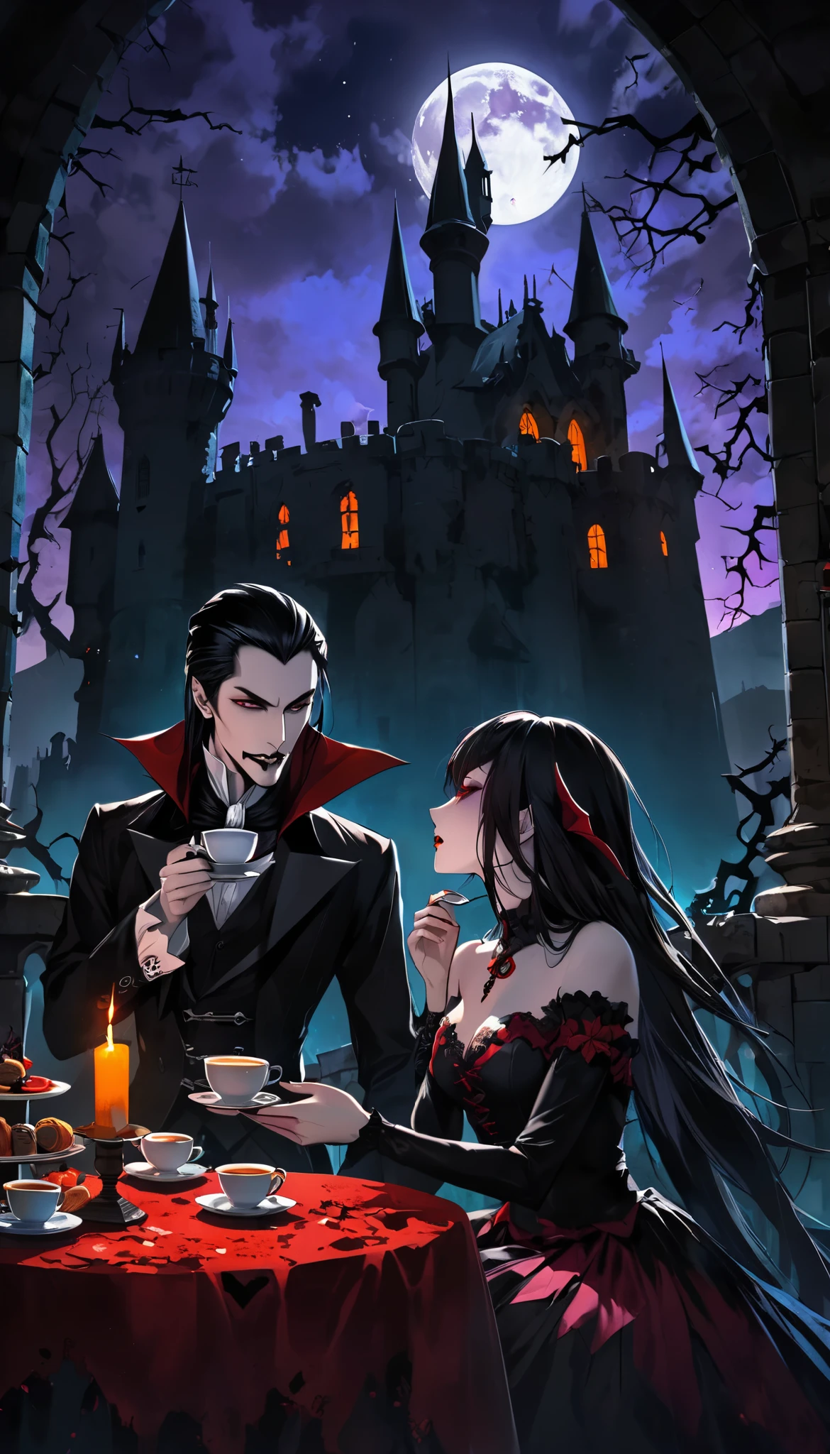 Count Dracula and the succubus woman enjoy tea , Western decayed castle background , Dramatic moonlight , colorful and vivid gothic , BREAK The aesthetic moonlight shows a ceremony-like effect