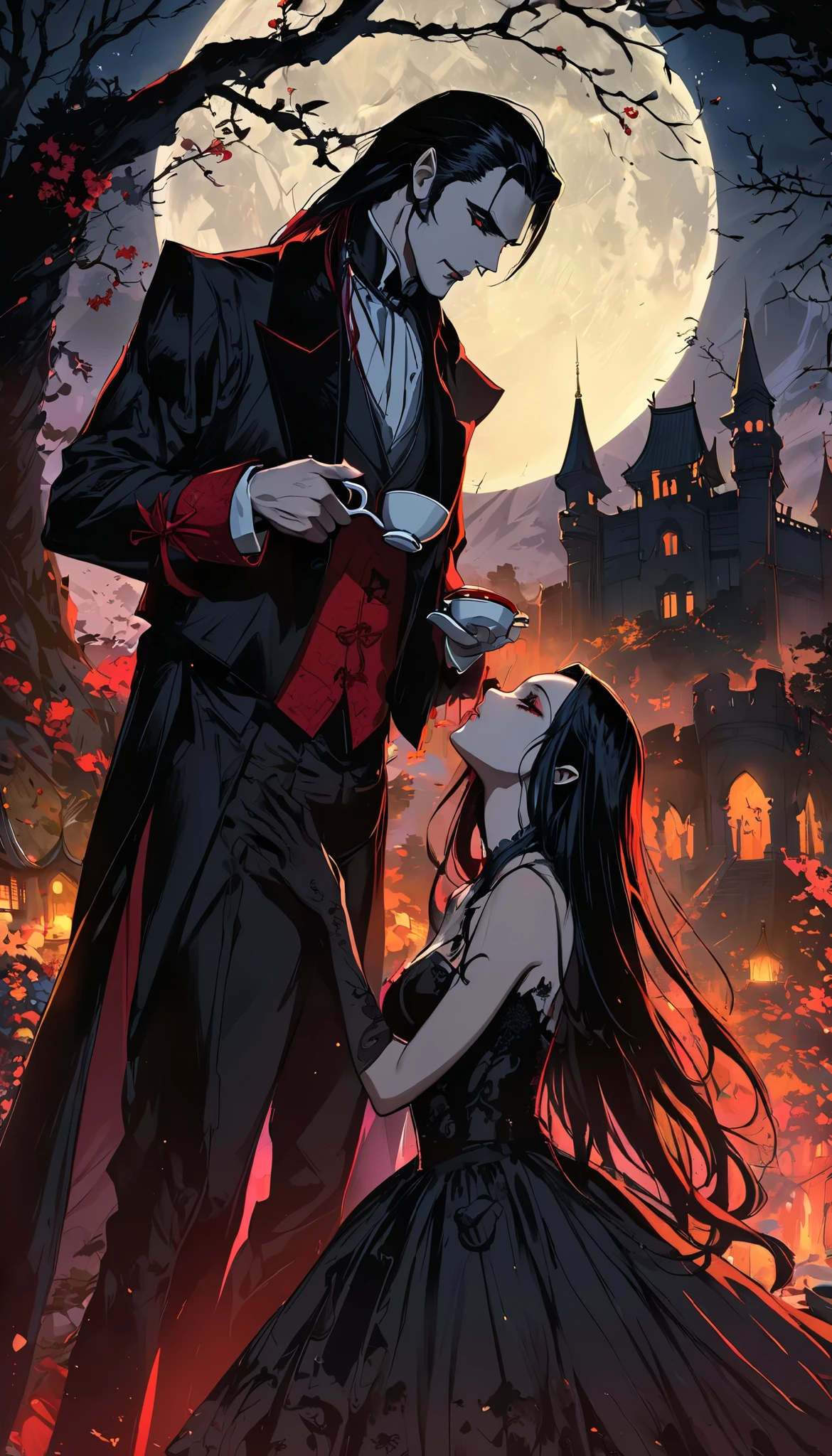 Count Dracula and the succubus woman enjoy tea , Western decayed castle background , Dramatic moonlight , colorful and vivid gothic , BREAK The aesthetic moonlight shows a ceremony-like effect, now、Create unbeatable beauty, Improve quality, lines , make the color deep and attractive , Create firmness and softness in skin, naturally , add intricate detail with clean lines , Boost resolution to the max , BREAK More detail on hair and eyebrows, Resolution that lets you see every single hair , traditional japanese art style, extreme quality