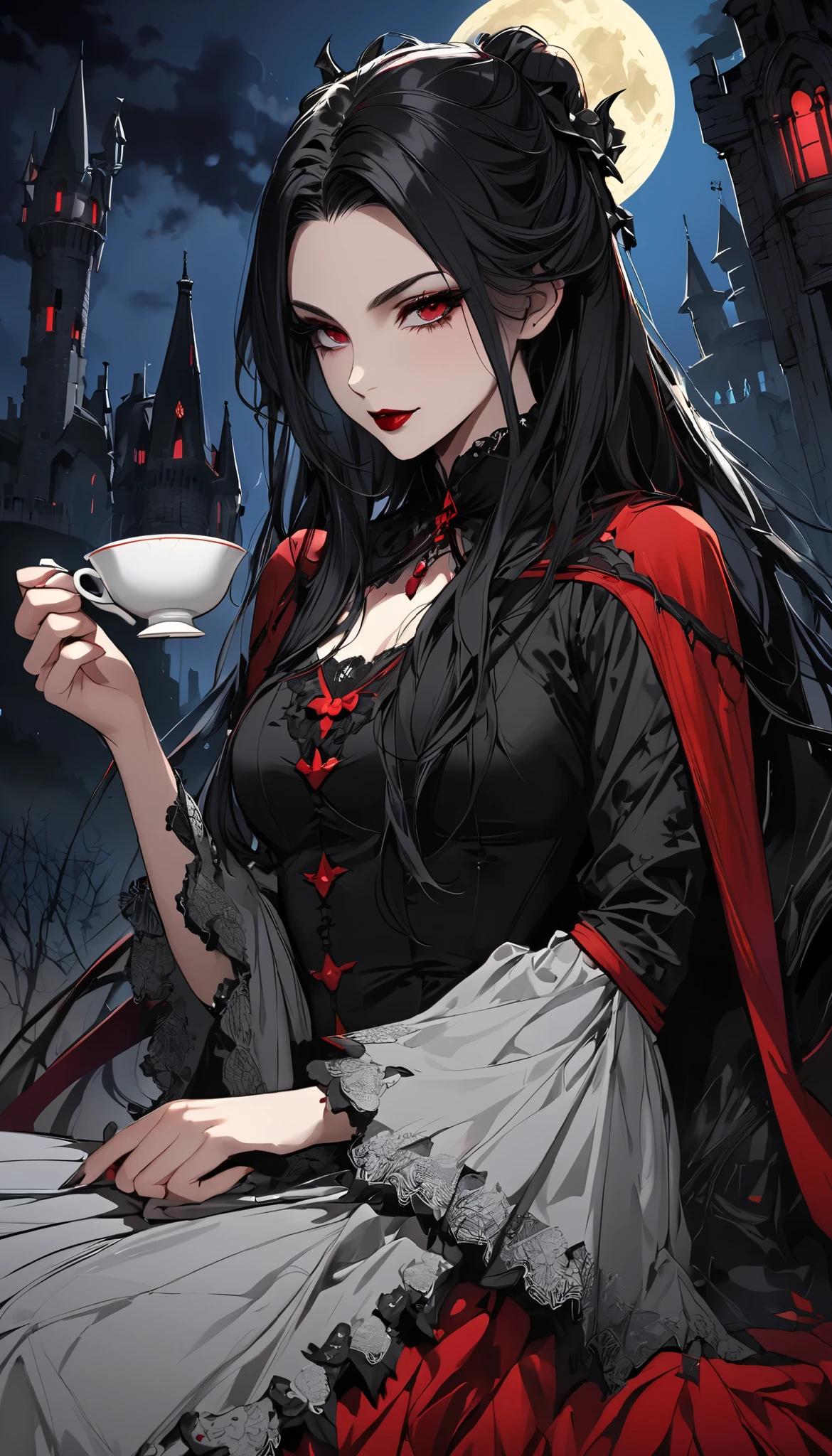 Count Dracula and the succubus woman enjoy tea , Western decayed castle background , Dramatic moonlight , colorful and vivid gothic , BREAK The aesthetic moonlight shows a ceremony-like effect, now、Create unbeatable beauty, Improve quality, lines , make the color deep and attractive , Create firmness and softness in skin, naturally , add intricate detail with clean lines , Boost resolution to the max , BREAK More detail on hair and eyebrows, Resolution that lets you see every single hair ,