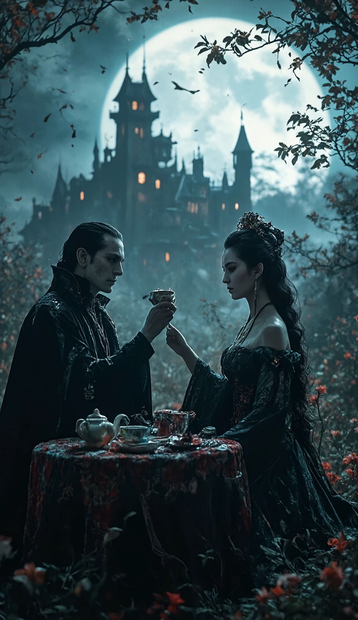 dark gothic castle, vampire count dracula and his female succubus companion enjoying tea, dramatic moonlit setting, colorful vivid gothic style, (best quality,4k,8k,highres,masterpiece:1.2),ultra-detailed,(realistic,photorealistic,photo-realistic:1.37),dramatic moonlit ceremony lighting, hauntingly beautiful, refined lines, deep rich alluring colors, japanese art style, super clear detailed,