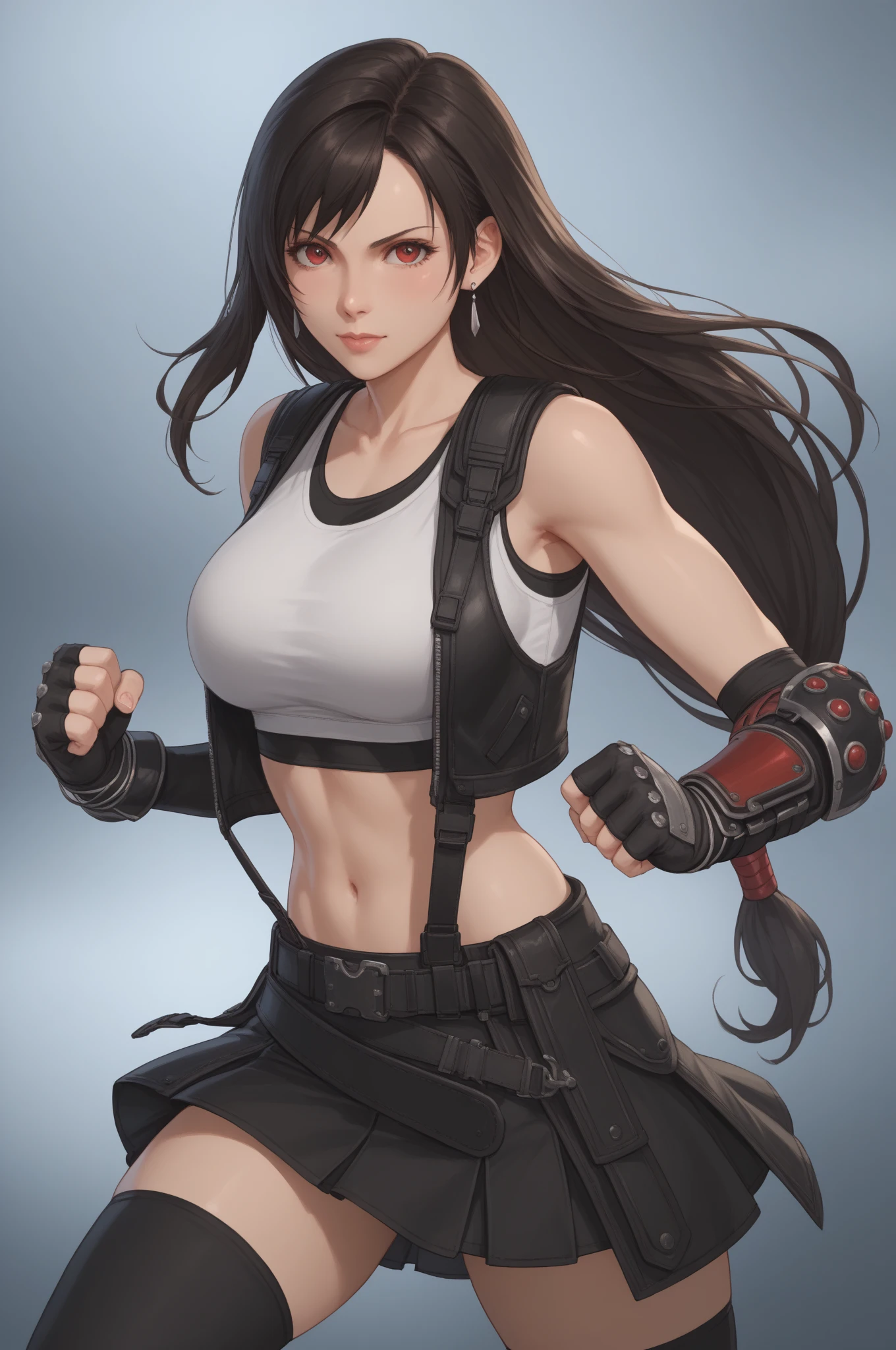 score_9, score_8_up, score_7_up, masterpiece, high quality, BREAK
tfalckhrt, OG, long hair, straight hair, low-tied long hair, swept bangs, dangle earrings, tank top, Sports bra, suspenders, bare shoulders, single arm guards, single elbow pads, elbow gloves, fingerless gloves, belt, midriff, suspender skirt, thighhighs, fighting stance, attacking pose,