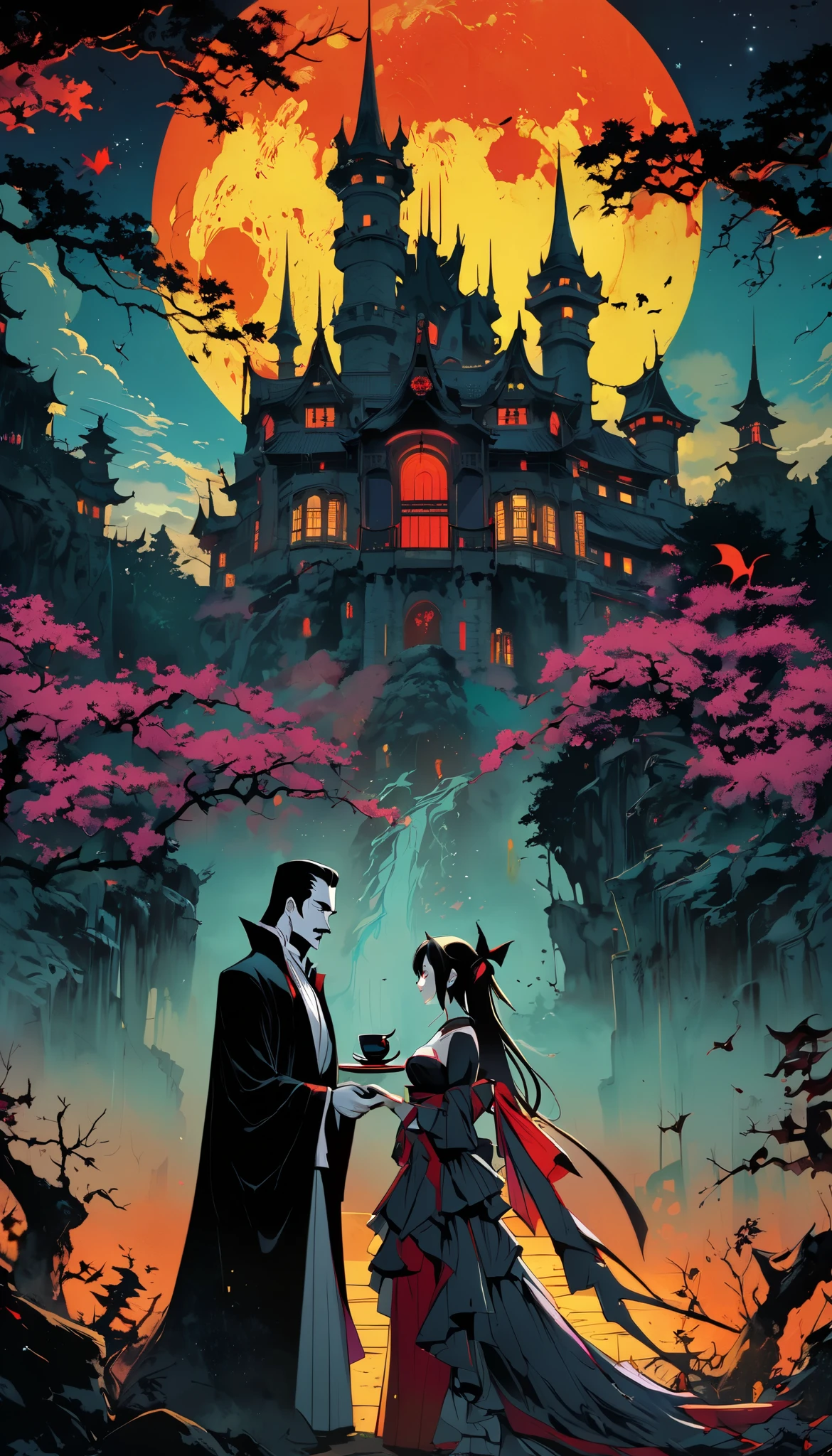 Count Dracula and the succubus woman enjoy tea , Western decayed castle background , Dramatic moonlight , colorful and vivid gothic , BREAK The aesthetic moonlight shows a ceremony-like effect, now、Create unbeatable beauty, Improve quality, lines , make the color deep and attractive , Japanese Art Style,