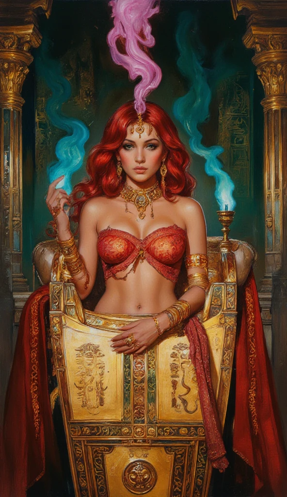 redhead Irish girl with freckles , nipple chains, big boobs, nice lips, harem pants, see through, lit by firelight, desert camp, clyde caldwell