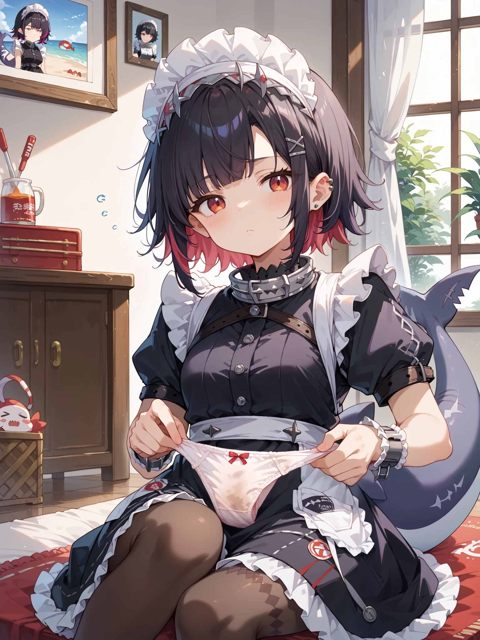 score_9, score_8_up, score_7_up, source_anime,
, looking at viewer,sleepy, blush, ellen, red eyes, black hair, short hair, colored inner hair, hairclip, ear piercing, fins, shark tail, maid headdress, hair ornament, black dress, puffy short sleeves, choker, frilled dress, high-waist skirt, black pantyhose, wrists cuffs, apron, belt, black footwear,nsfw,holding panties,((cumon panties)),black panties, stained panties