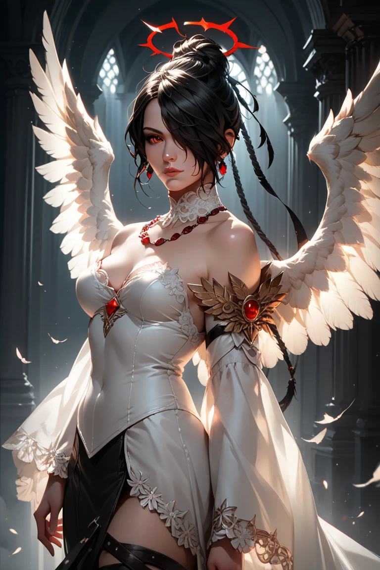 arafed, dnd art, aasimar, female,(Masterpiece 1.3, intense details) angelic wings spread (Masterpiece 1.3, intense details) , flying over an enchanted forest (Masterpiece 1.3, intense details), colorful trees, at dawn, sunlight, wearing red dress, high heeled boots, shiny silver hair, long hair, blue eyes, black hair, long hair, ponytail, bead necklace, anchor choker, symbol-shaped pupils, snake pupils, makeup, evil smile, serious, god rays, Gothic art, cinematic lighting, glowing light, silhouette, ultra-wide shot, from outside, Wide-Angle, Ultra-Wide Angle, 8k, highres, best quality, high details
