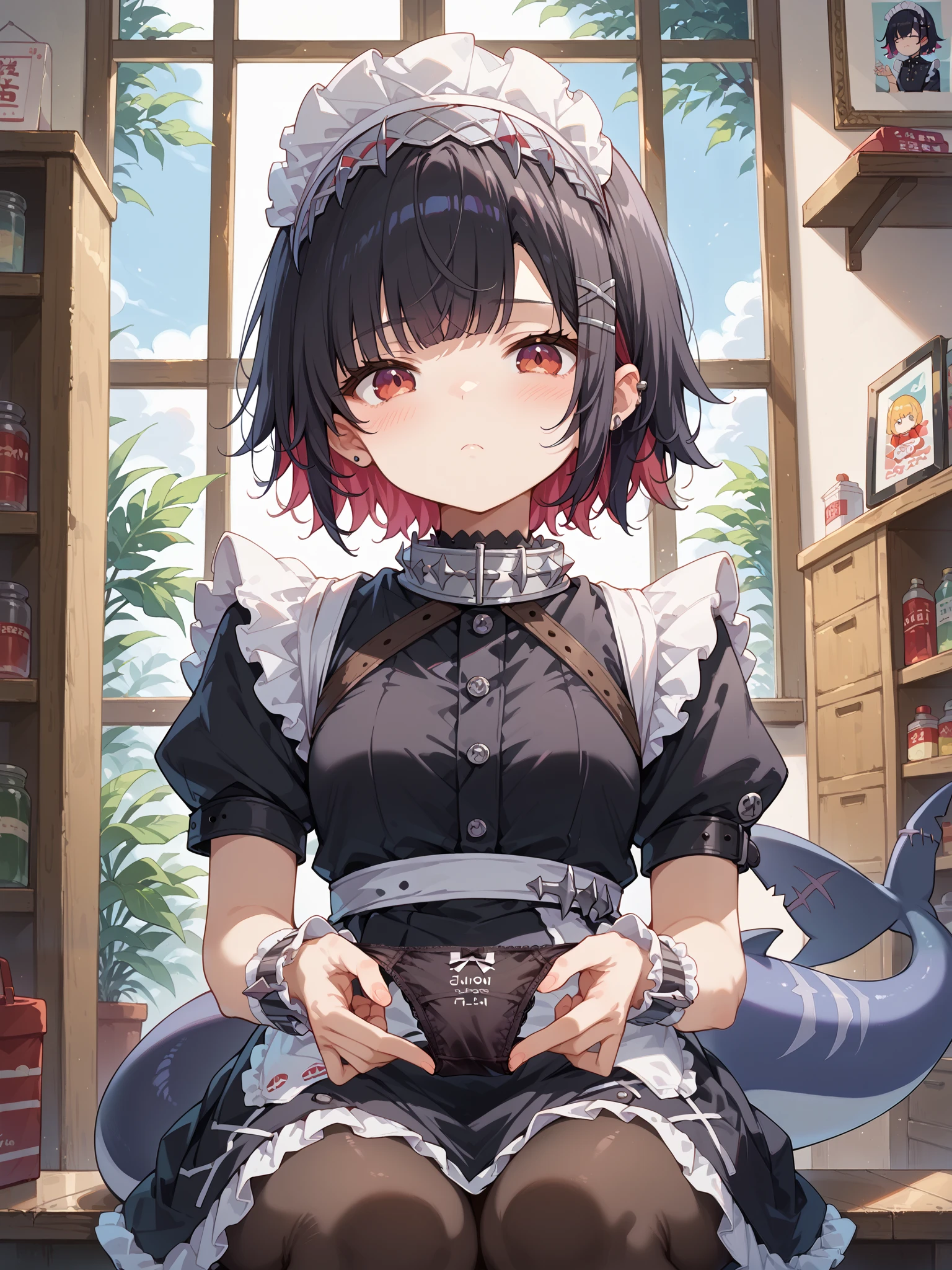 score_9, score_8_up, score_7_up, source_anime,
, looking at viewer,sleepy, blush, ellen, red eyes, black hair, short hair, colored inner hair, hairclip, ear piercing, fins, shark tail, maid headdress, hair ornament, black dress, puffy short sleeves, choker, frilled dress, high-waist skirt, black pantyhose, wrists cuffs, apron, belt, black footwear,nsfw,holding panties,((cumon panties)),black panties