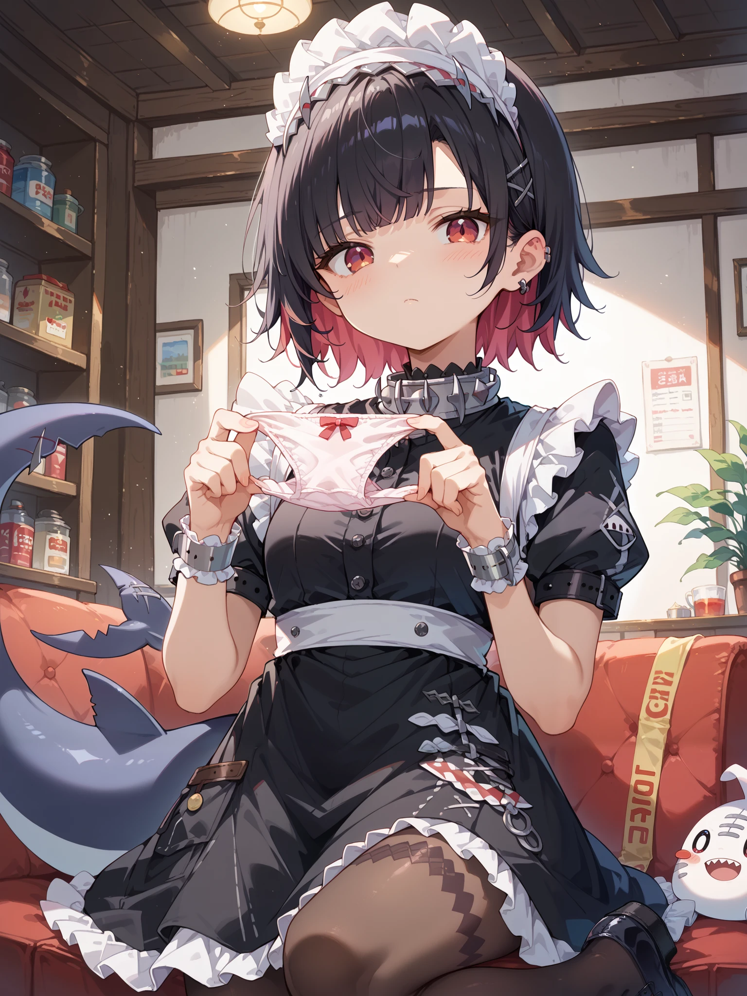 score_9, score_8_up, score_7_up, source_anime,
, looking at viewer,sleepy, blush, ellen, red eyes, black hair, short hair, colored inner hair, hairclip, ear piercing, fins, shark tail, maid headdress, hair ornament, black dress, puffy short sleeves, choker, frilled dress, high-waist skirt, black pantyhose, wrists cuffs, apron, belt, black footwear,nsfw,holding panties,((cumon panties)),black panties