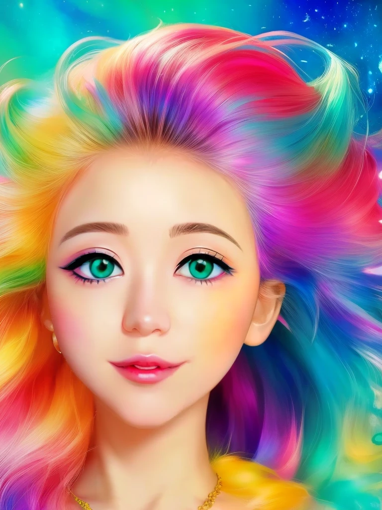 Close-up of a woman with colorful hair and necklace, anime girl with cosmic hair, Rossdraws soft vibrancy, Gouviz style artwork, fantasy art style, colorful], vibrant fantasy style, Rossdraws cartoon full of vitality, cosmic and colorful, Guweiz, colorful digital fantasy art, stunning art style, beautiful anime style, glowing hair